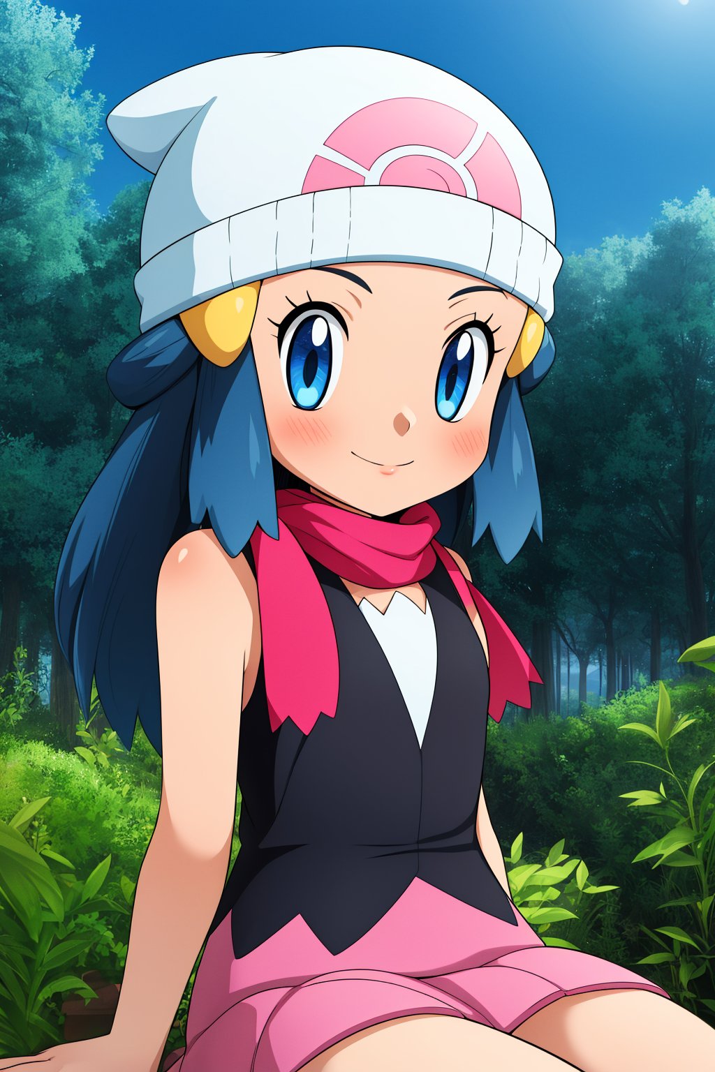 pkmndawn, 1girl, solo, blue eyes, blue hair, long hair, sidelocks, hairclip, beanie,black dress, sleeveless, pink skirt, scarf,naughty face,smile,closed mouth,cowboy shot,sitting,forest,outdoor,(insanely detailed, beautiful detailed face, masterpiece, best quality) cinematic lighting,<lora:PKMN_Dawn_v1:1>, <lora:more_details:0.3>,