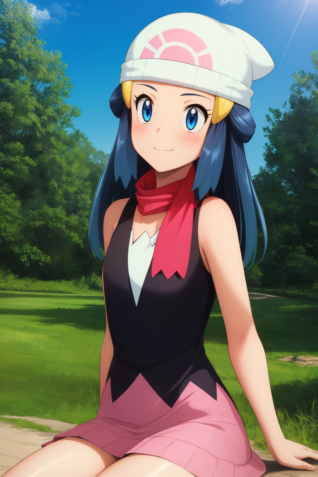 pkmndawn, 1girl, solo, blue eyes, blue hair, long hair, sidelocks, hairclip, beanie,black dress, sleeveless, pink skirt, scarf,naughty face,smile,closed mouth,cowboy shot,sitting,forest,outdoor,(insanely detailed, beautiful detailed face, masterpiece, best quality) cinematic lighting,<lora:PKMN_Dawn_v1:1>, <lora:more_details:0.3>,