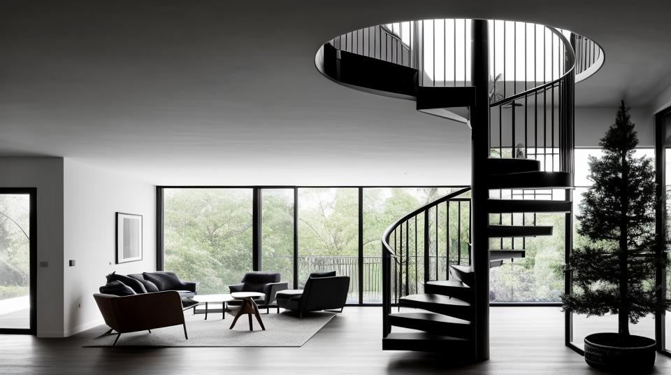 a spiral staircase in a dark room with a tree,<lora:Utopian_Interiors-05:0.5>, <lora:add_detail:0.5>
