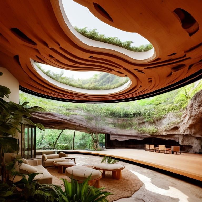 a modern building with cave, ceiling, lots of plants and room with wooden floor, <lora:Utopian_Interiors-05:0.5>, <lora:add_detail:0.5>