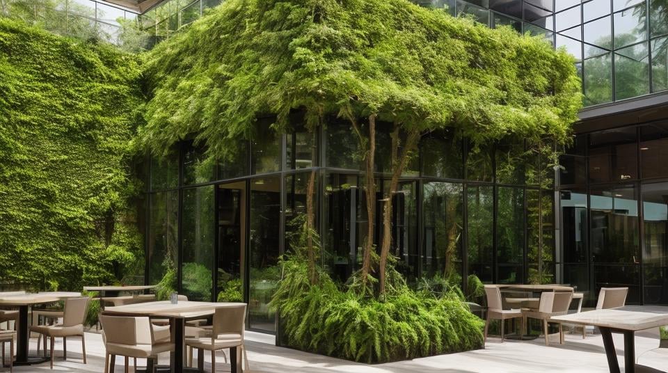 Restaurant with glass, tables and chair, green wall and (staircase:1), tree, <lora:Utopian_Interiors-05:0.5>, <lora:add_detail:0.5>