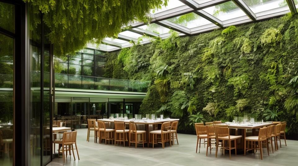 Restaurant with glass, tables and chair, green wall and (staircase:1), tree, <lora:Utopian_Interiors-05:0.5>, <lora:add_detail:0.5>