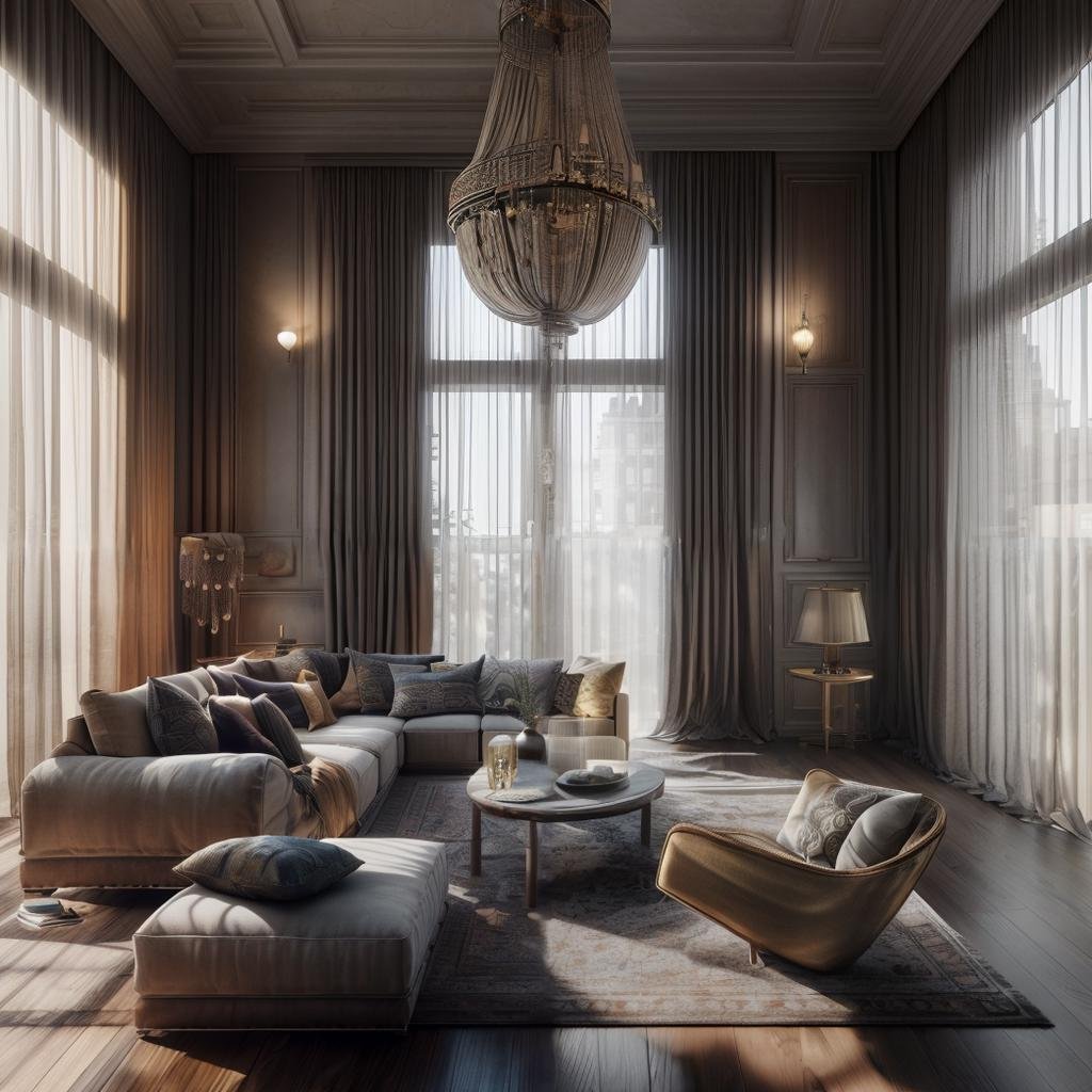 interior, a living room with a couch, chair, table and windows with curtains on them and a chandelier hanging from the ceiling, Enguerrand Quarton, vray render, a digital rendering, photorealismIn the absence of humans, the setting resonates with profound stillness. Ray tracing, photon mapping, <lora:Archilab_Indian_Interior-05:0.5> <lora:add_detail:1>