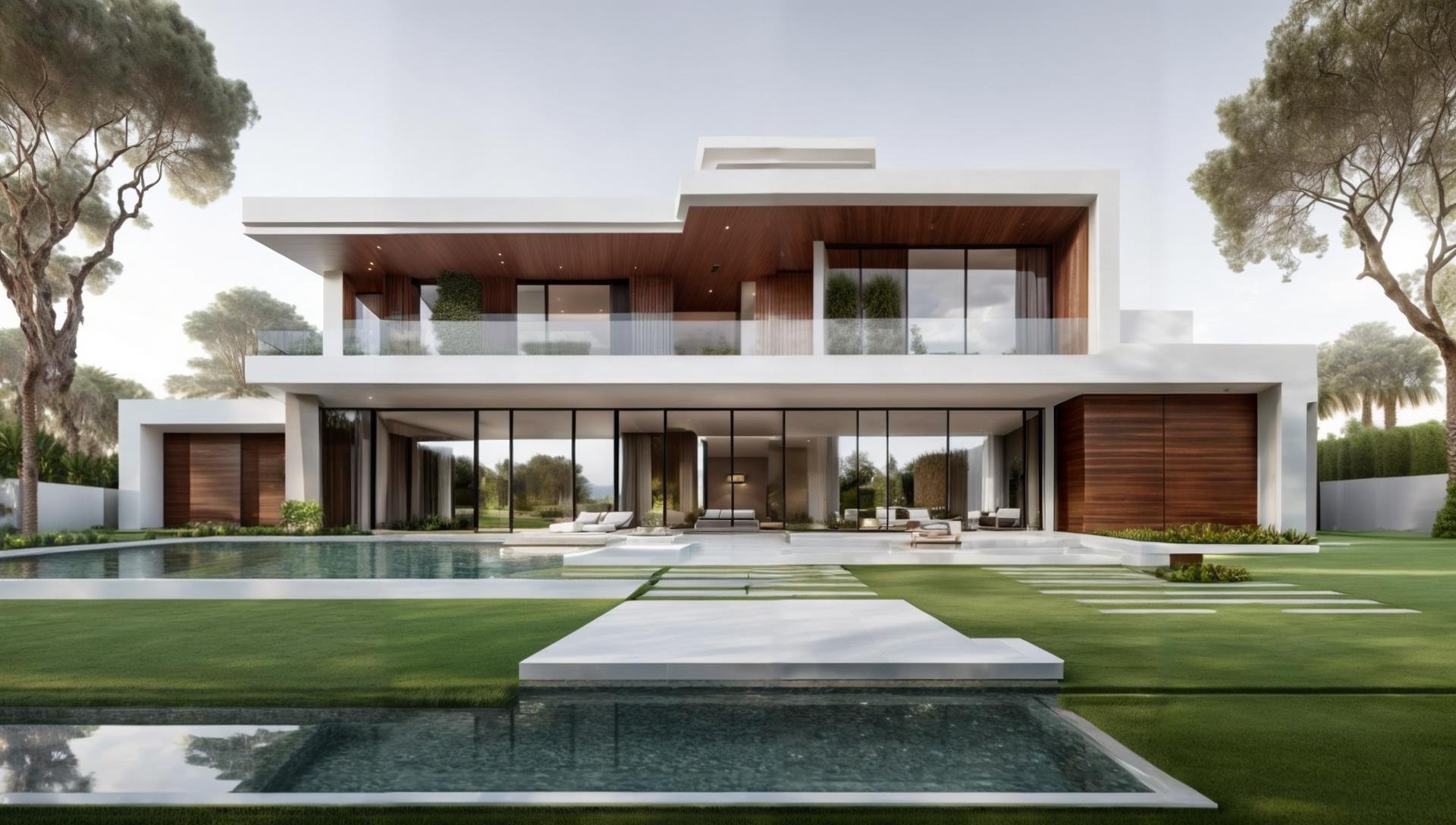 Modern Exterior design of villa,(masterpiece), best quality,8K,no humans, tree, sky, reflection, grass,window,  <lora:Modern_Exteriors by (Archilabstudios):0.5>,<lora:add_detail:0.5>