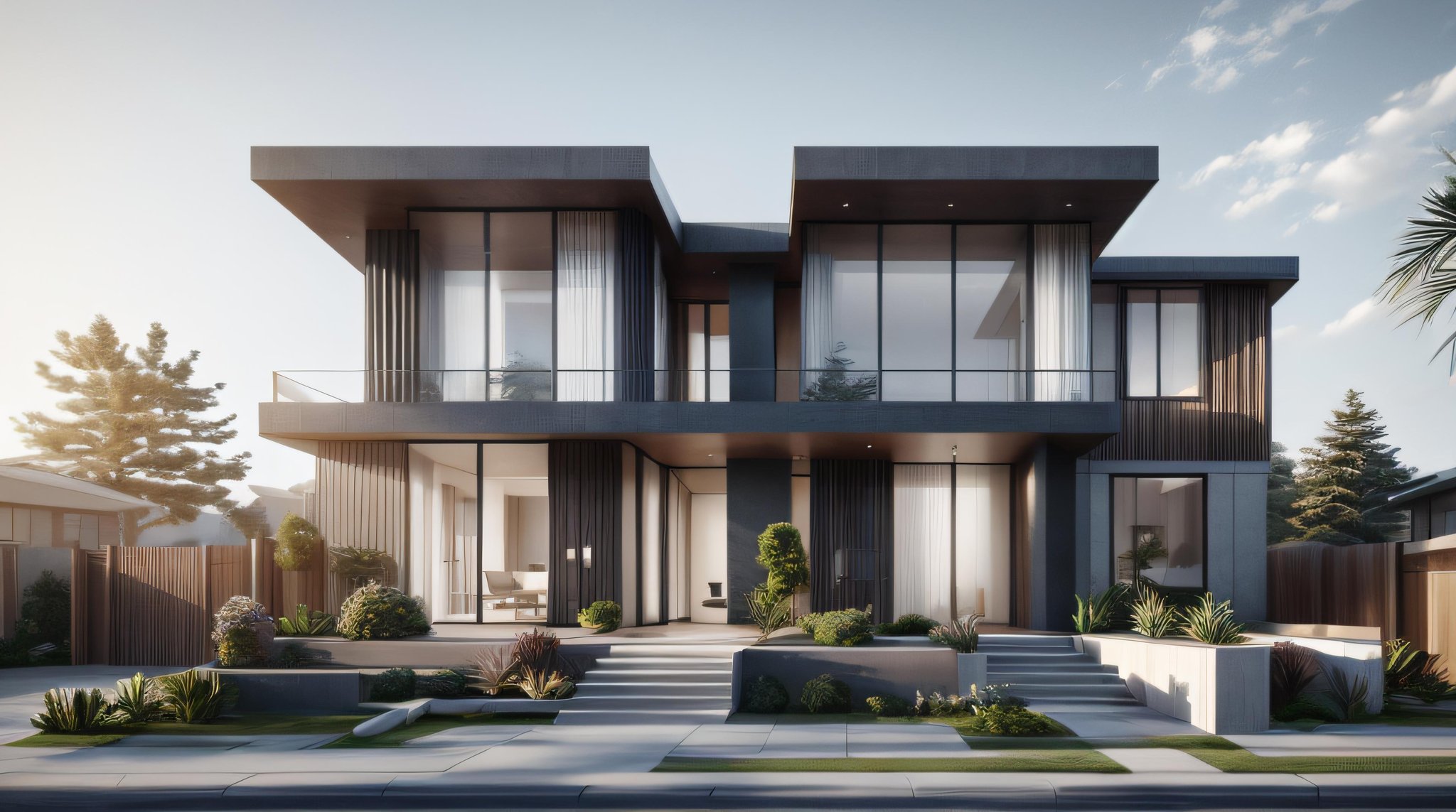 Modern Exterior design,front facade, 2 story, large windows,light coming out from window,(Octane Render:1),Photorealistic,Ultra High res,<lora:Modern_Exterior-12:0.5>, <lora:more_details:1>