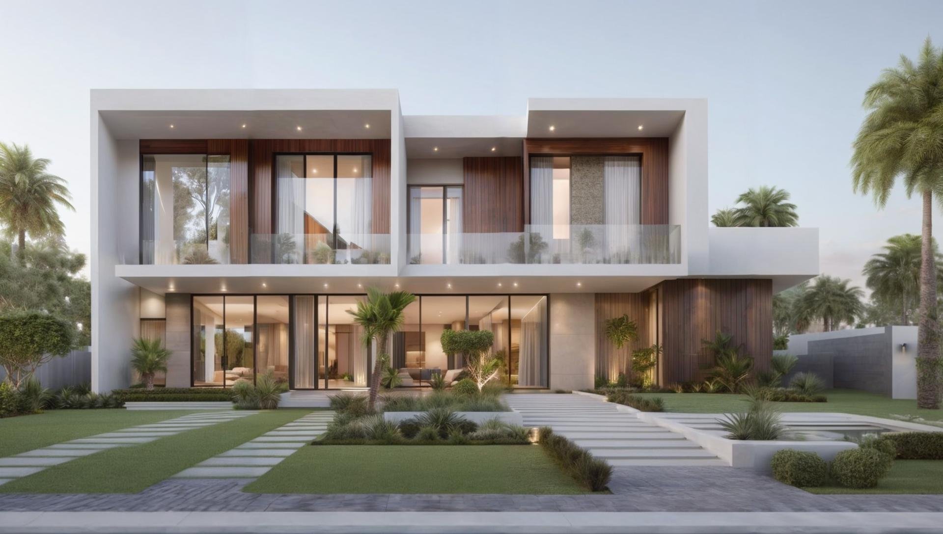 Modern Exterior design of 2 story villa,(masterpiece), best quality,8K,no humans, tree, sky, reflection, grass,window,  <lora:Modern_Exteriors by (Archilabstudios):0.5>,<lora:add_detail:0.5>