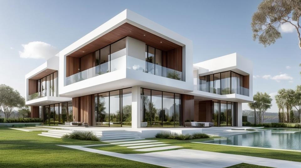 Modern Exterior design of villa,(masterpiece), best quality,8K,no humans, tree, sky, reflection, grass,window,  <lora:Modern_Exteriors by (Archilabstudios):0.5>,<lora:add_detail:0.5>