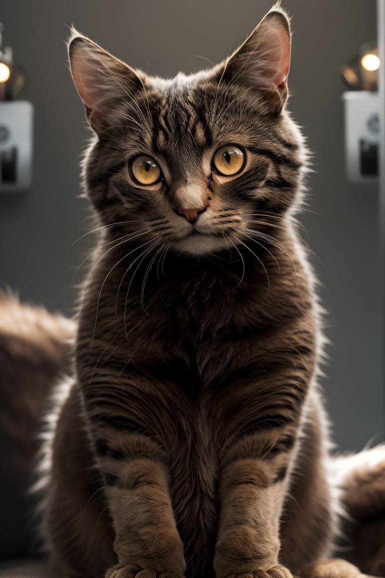 Sitting on cauch, looking at viewer, yellow eyes, blurry, no humans, blurry background, animal,Brown cat, realistic, animal focus, whiskers, @imageized