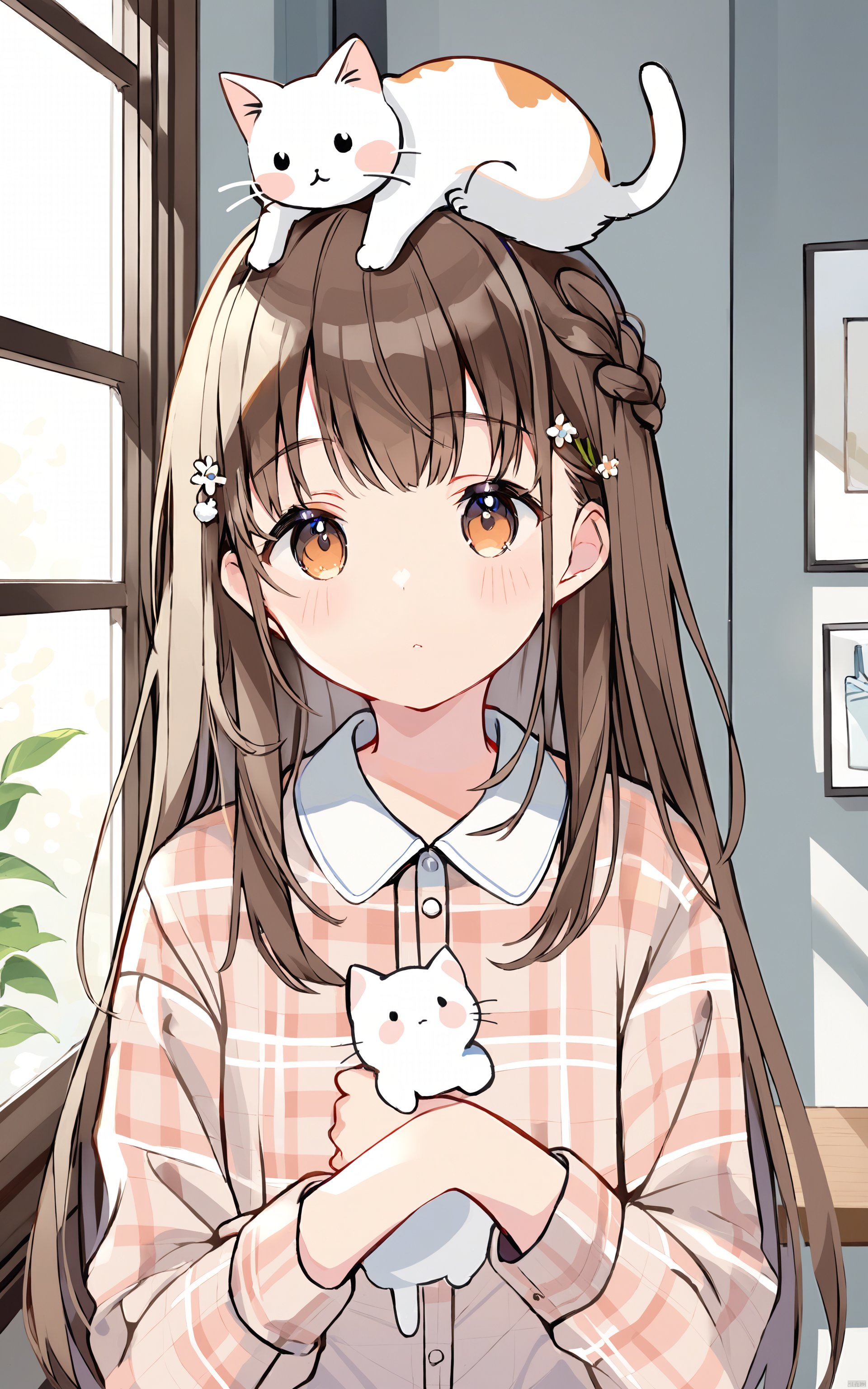  (best quality), ((masterpiece))1girl, on head, cat, animal on head, long hair, indoors, shirt, plaid, solo, braid, animal, brown hair, cat on head, window, bangs, long sleeves, blush, upper body, closed mouth, collared shirt, plaid shirt, white cat, looking at viewer, brown eyes