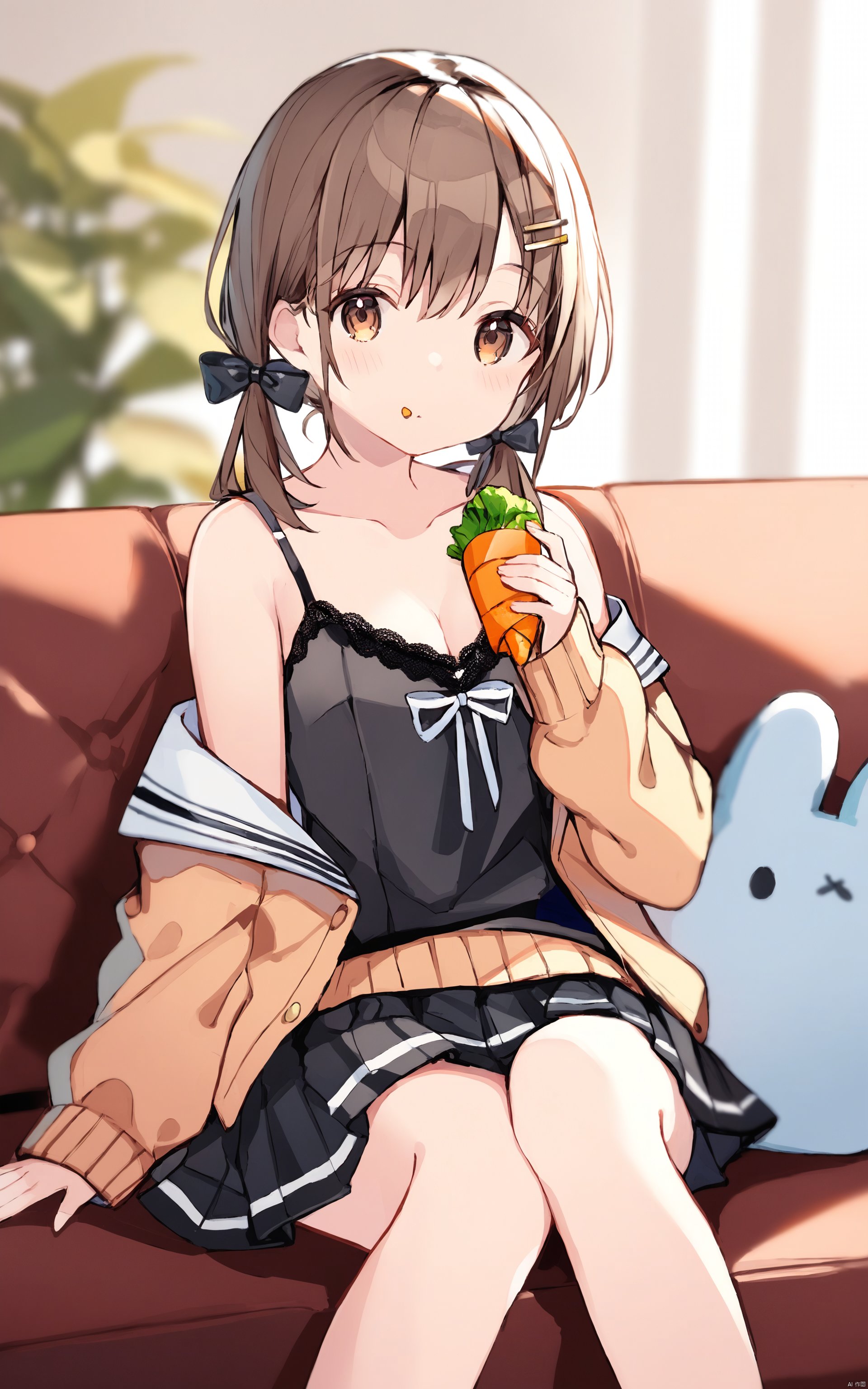  (best quality), ((masterpiece))solo, 1girl, food, holding, blurry background, breasts, off shoulder, couch, food on face, bangs, parted lips, holding food, looking at viewer, stuffed toy, open clothes, blurry, long sleeves, brown hair, collarbone, stuffed animal, black bow, hairclip, black skirt, hair ornament, brown eyes, skirt, food on body, bare shoulders, on couch, sitting, twintails, pleated skirt, camisole, small breasts, stuffed bunny, bow, hair bow, sleeves past wrists, low twintails, sailor collar, cleavage, depth of field, puffy sleeves, blush, puffy long sleeves, black camisole, hair between eyes