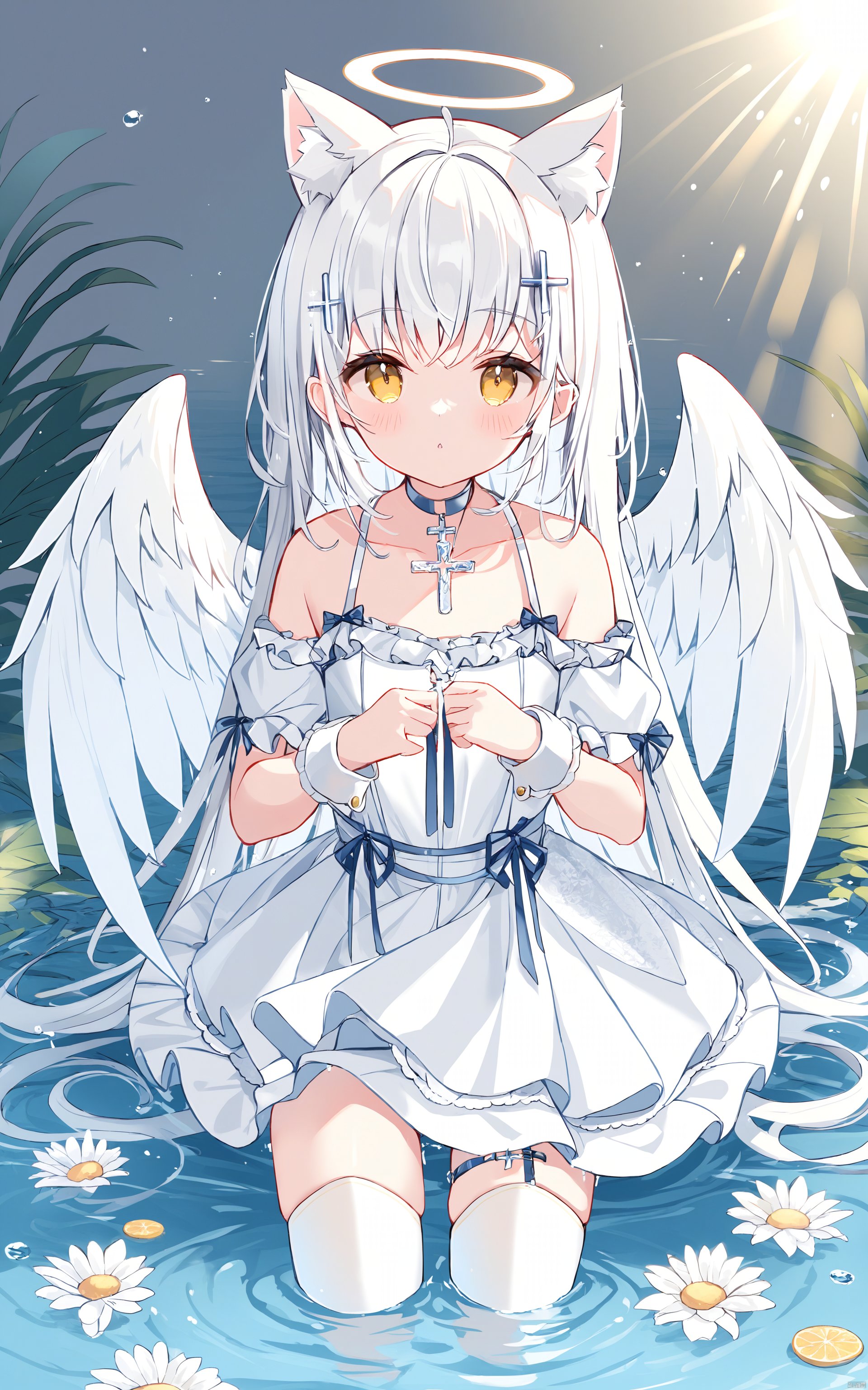  (best quality), ((masterpiece))1girl, solo, dress, animal ears, long hair, white hair, cross, water, white dress, looking at viewer, thighhighs, halo, yellow eyes, white thighhighs, wings, cat ears, blush, animal ear fluff, bangs, white wings, extra ears, choker, wading, ahoge, angel wings, white choker, wrist cuffs