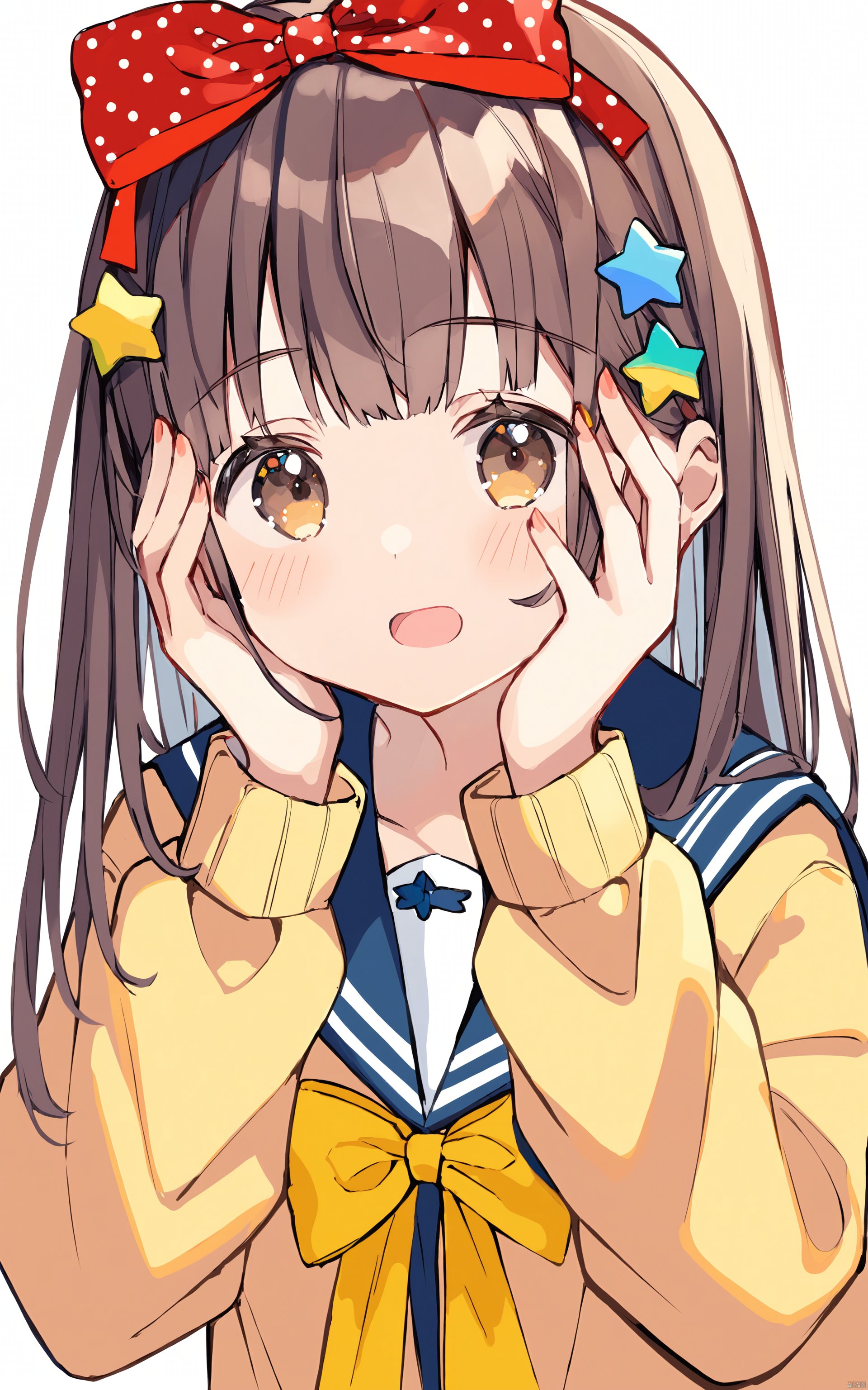  (best quality), ((masterpiece))1girl, solo, bow, brown hair, long sleeves, long hair, white background, simple background, sailor collar, star hair ornament, hair ornament, blush, upper body, hair bow, looking at viewer, star \(symbol\), one side up, open mouth, shirt, brown eyes, white shirt, bangs, hands up, red bow, hands on own face, yellow bow, puffy long sleeves, polka dot, polka dot bow