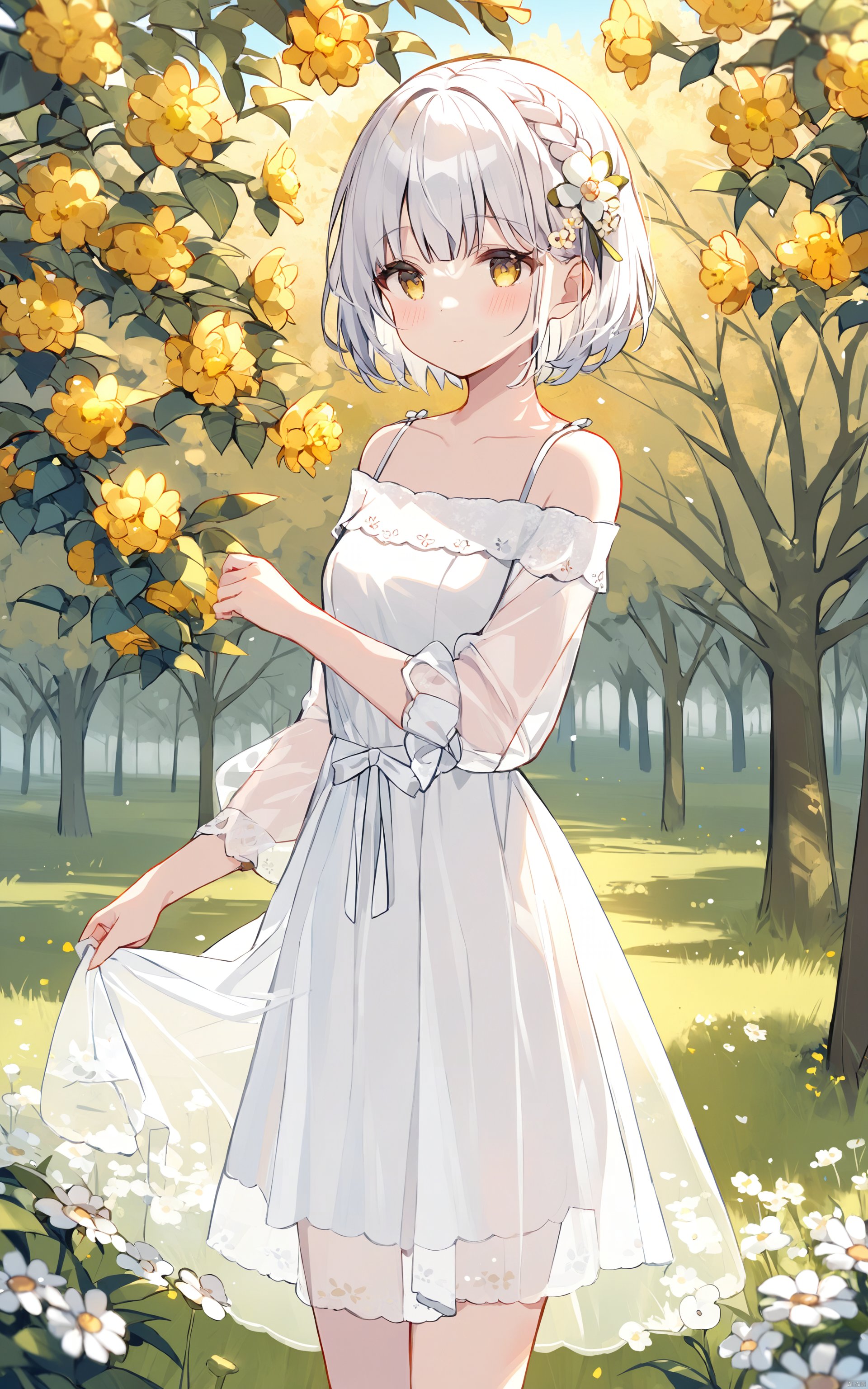  (best quality), ((masterpiece))1girl, flower, solo, hair flower, dress, outdoors, hair ornament, white dress, braid, short hair, tree, yellow eyes, see-through, white hair, blush, standing, bangs, closed mouth, nature, long sleeves, bare shoulders, white flower, yellow flower