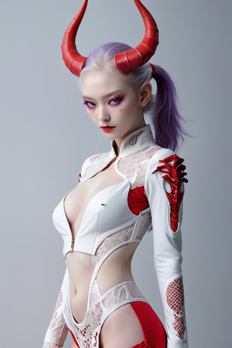 Beautiful Girl,Korea Face Structure, Realistic ,full body, Carved Porcelain cyborg albino Demons Woman, NSFW, (Long Intricate Horns:1.7),Purple and Red Horn, High Details Black Eyes, Actions Moods, Stand proud on the Floor, Sexy Post, Glamor body type, lace Clothes, White Hightec Crop Jacket, Black Sexy cheongsam, Show more body and skin, Weapon and Techwear, Minimal Color with Half Color with White Background, Serious Face, Ultra Focus, Ultra 8K, Photo Realistic, Beautymix, FilmGirl
,girl,Beautiful,a Girl