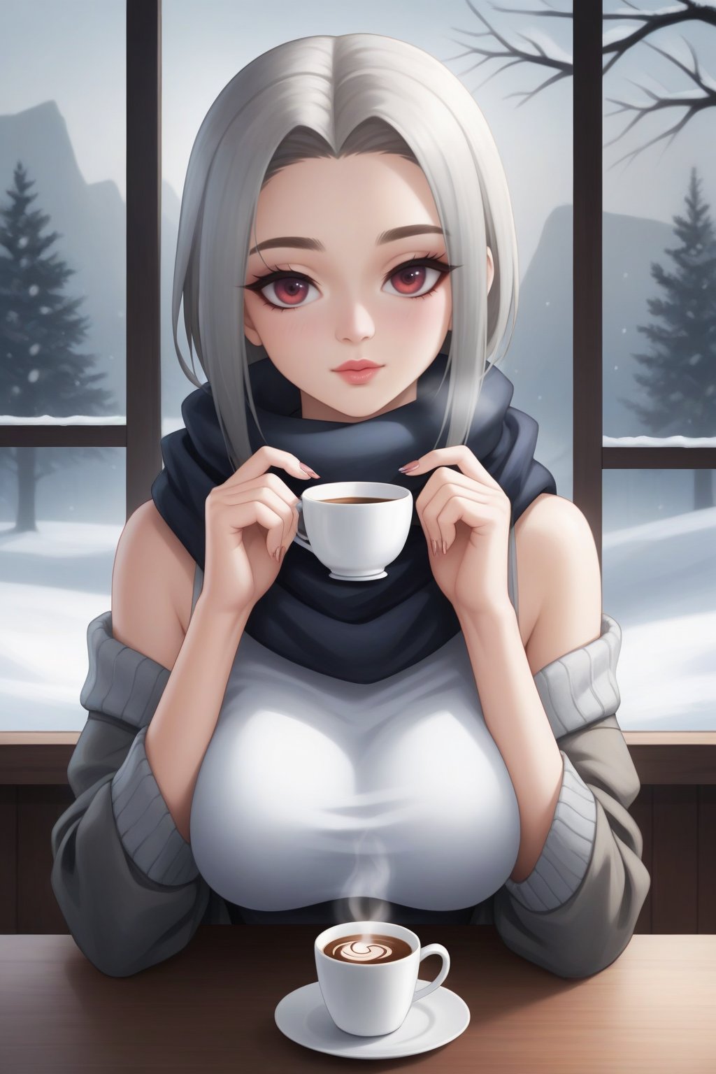 amiya(arknights), 1girl,8k wallpaper,extremely detailed figure, amazing beauty, detailed characters, {detailed background},aestheticism, sitting, winter, coffee shop, corner, coat, scarf, large breasts, gray hair, red eyes, emotionless, obedient, obedient, thick eyebrows, small nose, full lips, long eyelashes, delicate neck, slender shoulders, bare arms, delicate hands, long fingers, pointed nails, high cheekbones, oval face, smooth skin, rosy cheeks, cup of coffee, saucer, steam, warm, cozy, comfortable, relaxed, calm, quiet, peaceful, serene, contemplative, close-up, best quality, amazing quality, very aesthetic, absurdres,Cyberpunk