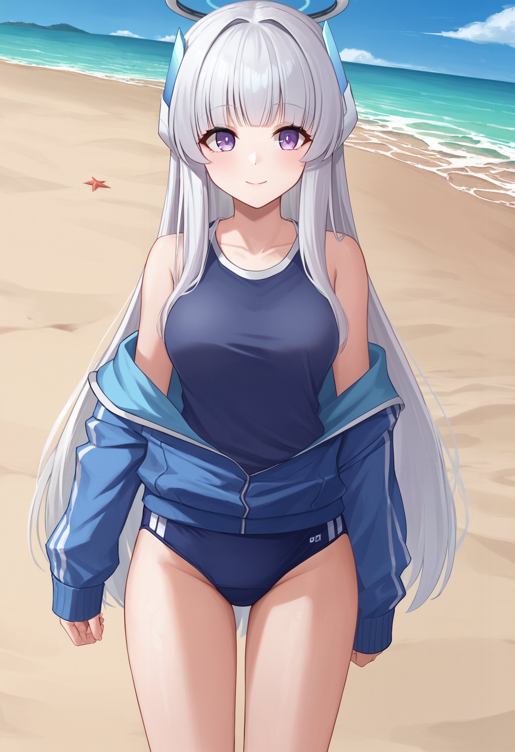 zPDXL, source_anime, BREAKushio noa, white hair, long hair, medium breasts, headphones,  halo,track jacket, open jacket, buruma, gym shirt, off shoulder, light smile, closed mouth,standing, cowboy shot, beach,  <lora:noa2-ponyxl-kohya-000008:0.8>  