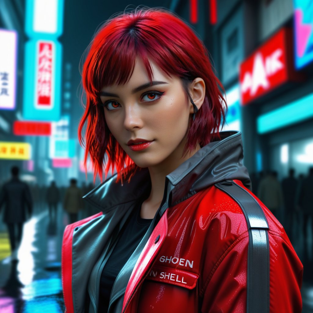 Anime art of ghost in the Shell, detailed scene, red, perfect face, intricately detailed photorealism, trending on artstation, neon lights, rainy day, stunning full body anime art  <lora:lora-000006:0.8> taytay,Versace girl model