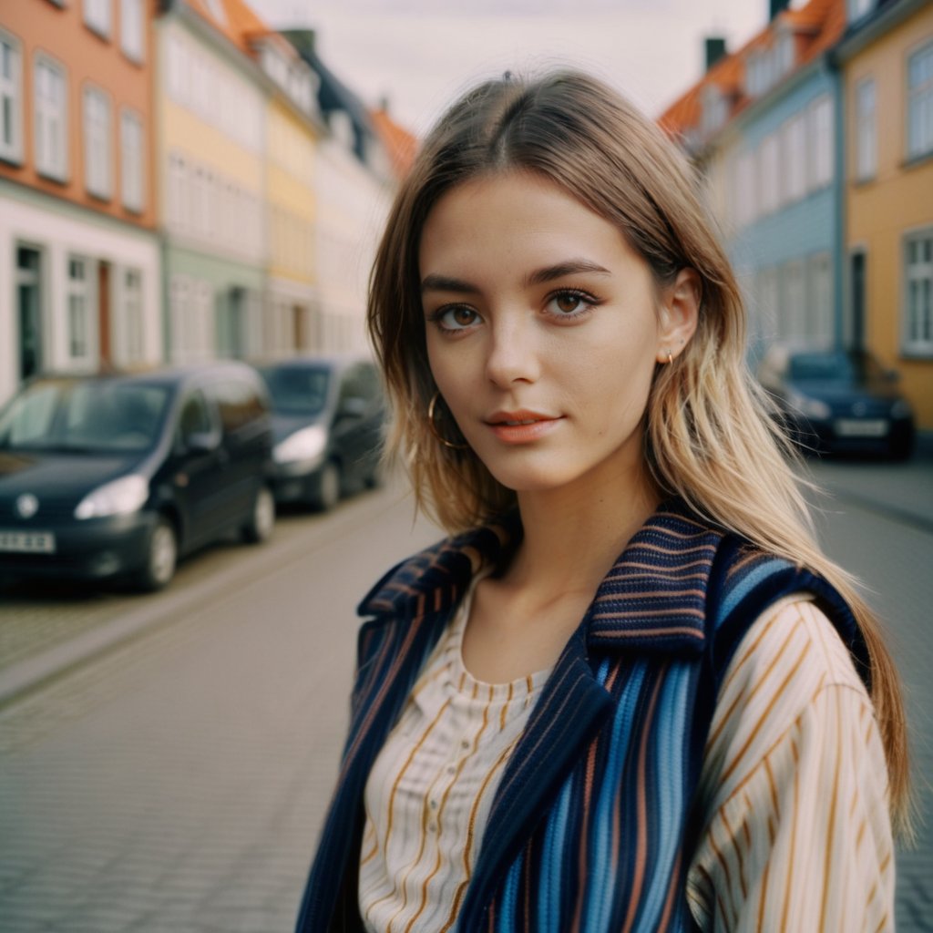 Copenhagen street photoshoot of a pretty 25-year-old girl, wearing a Stine Goya Noa striped vest, shot on Kodak Ektar 100, soft lens, warm color tones, masterpiece  <lora:lora-000006:0.8> taytay