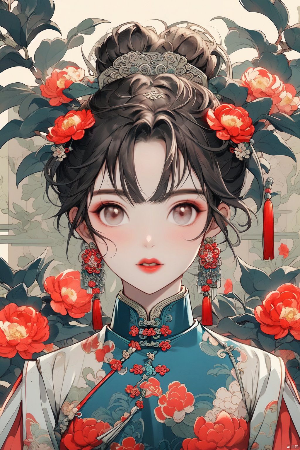  1girl, solo, flower, jewelry, earrings, hair ornament, tassel, looking at viewer, red flower, hair flower, upper body, white flower, black hair, tassel earrings, chinese clothes, bangs, floral print, leaf, blush, parted lips, red lips, flower earrings, makeup, plant, lips, lipstick, peony (flower), camellia, ponytail, short hair