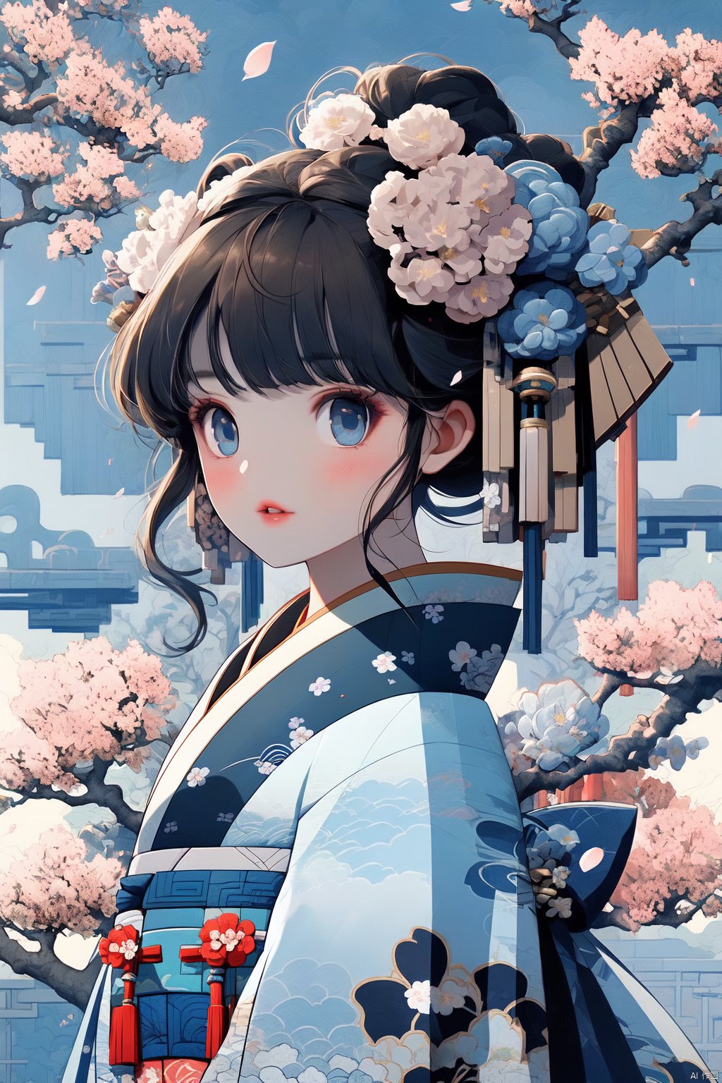 1girl, solo, hair ornament, blue eyes, flower, hair flower, outdoors, cherry blossoms, parted lips, looking at viewer, japanese clothes, blush, upper body, kimono, day, bangs, sky, white kimono, brown hair, medium hair, parted bangs, pink flower, from side, blue sky, black hair, petals, tree, branch, architecture