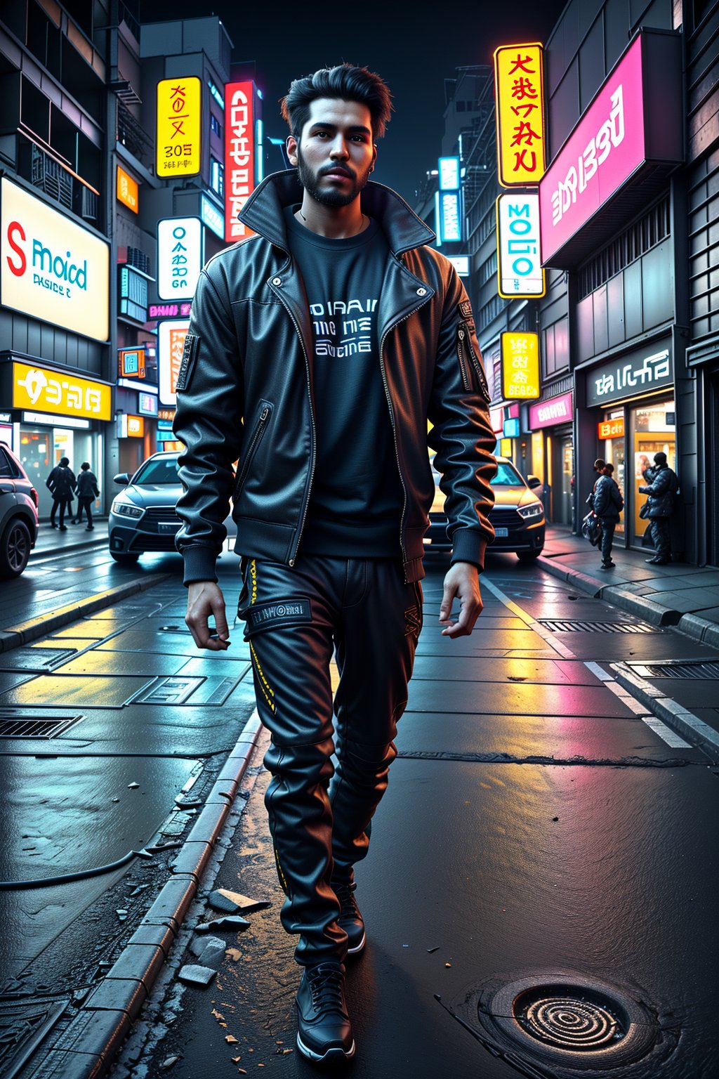 25 years old man , cyberpunk, neon, black hair, 1man, facial hair, beard, jacket, male focus, outdoors, day, pants, orange  facial hair, headphones, ground vehicle, building, motor vehicle, beard, realistic, hands in pockets, car, road, street,yellow eyes,30 yo man ,25 years old man 