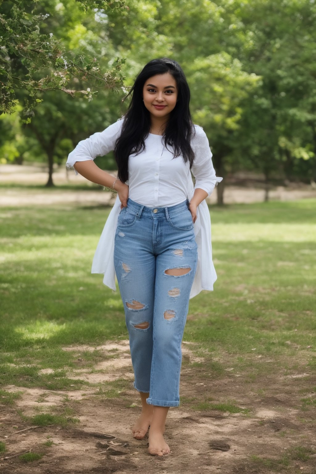 1girl, solo, long hair, looking at viewer, smile, shirt, black hair, jewelry, standing, white shirt, outdoors, day, pants, blurry, tree, blurry background, feet out of frame, own hands together, denim, jeans, realistic, shoulder cutout, print shirt, photo background