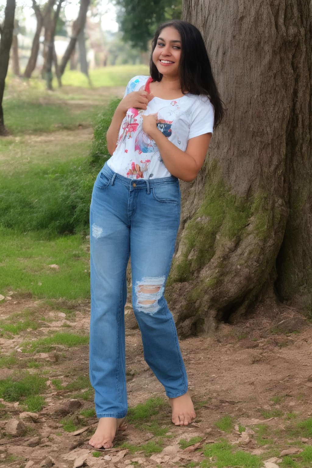 1girl, solo, long hair, looking at viewer, smile, shirt, black hair, jewelry, standing, white shirt, outdoors, day, pants, blurry, tree, blurry background, feet out of frame, own hands together, denim, jeans, realistic, shoulder cutout, print shirt, photo background