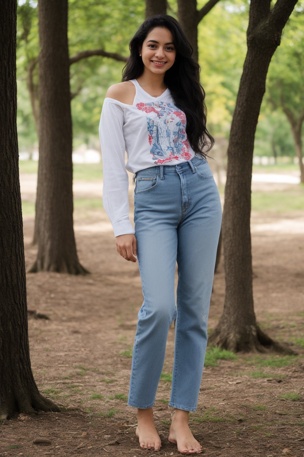 1girl, solo, long hair, looking at viewer, smile, shirt, black hair, jewelry, standing, white shirt, outdoors, day, pants, blurry, tree, blurry background, feet out of frame, own hands together, denim, jeans, realistic, shoulder cutout, print shirt, photo background,photorealistic