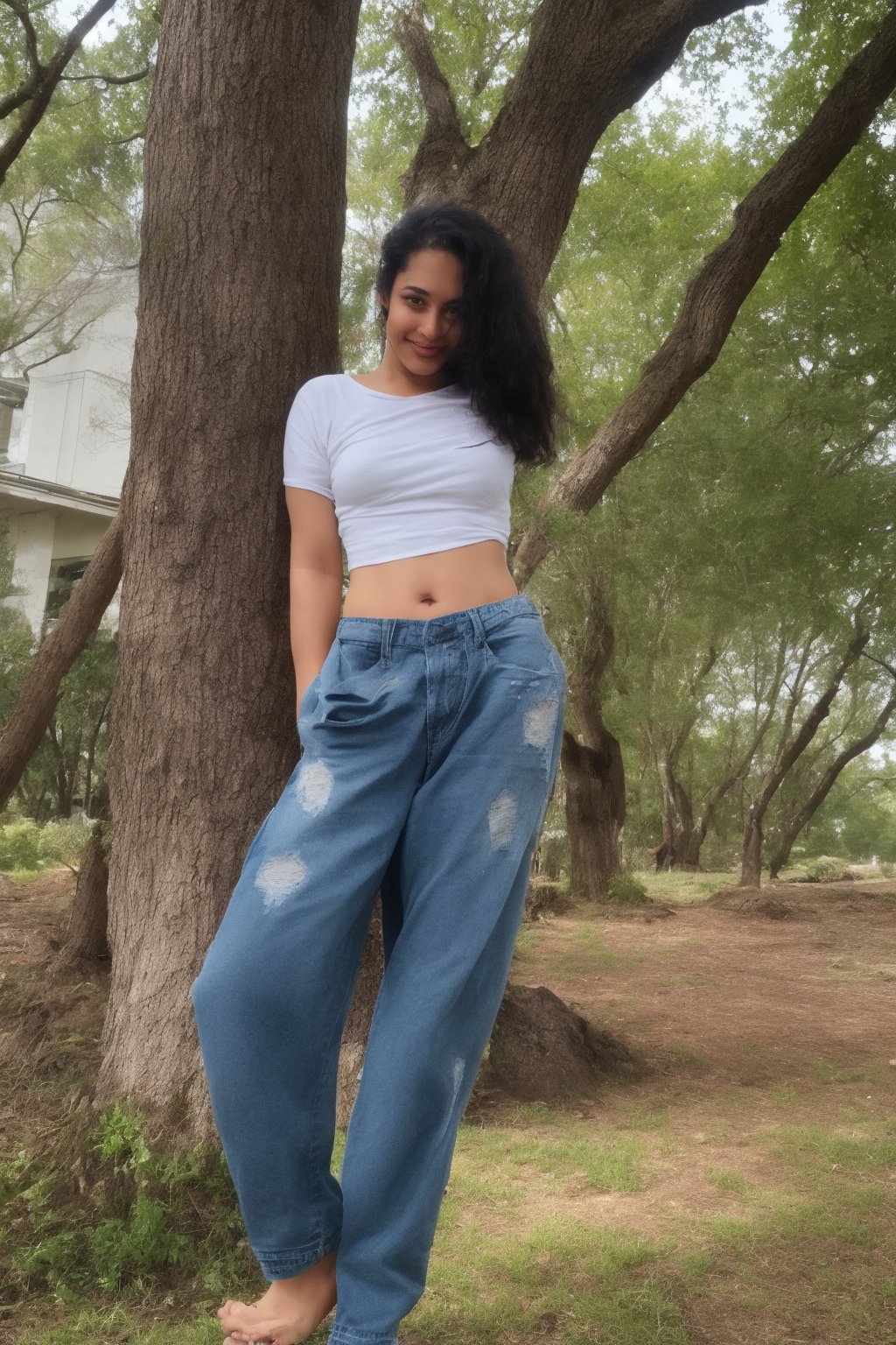 1girl, solo, long hair, looking at viewer, smile, shirt, black hair, jewelry, standing, white shirt, outdoors, day, pants, blurry, tree, blurry background, feet out of frame, own hands together, denim, jeans, realistic, shoulder cutout, print shirt, photo background,photorealistic