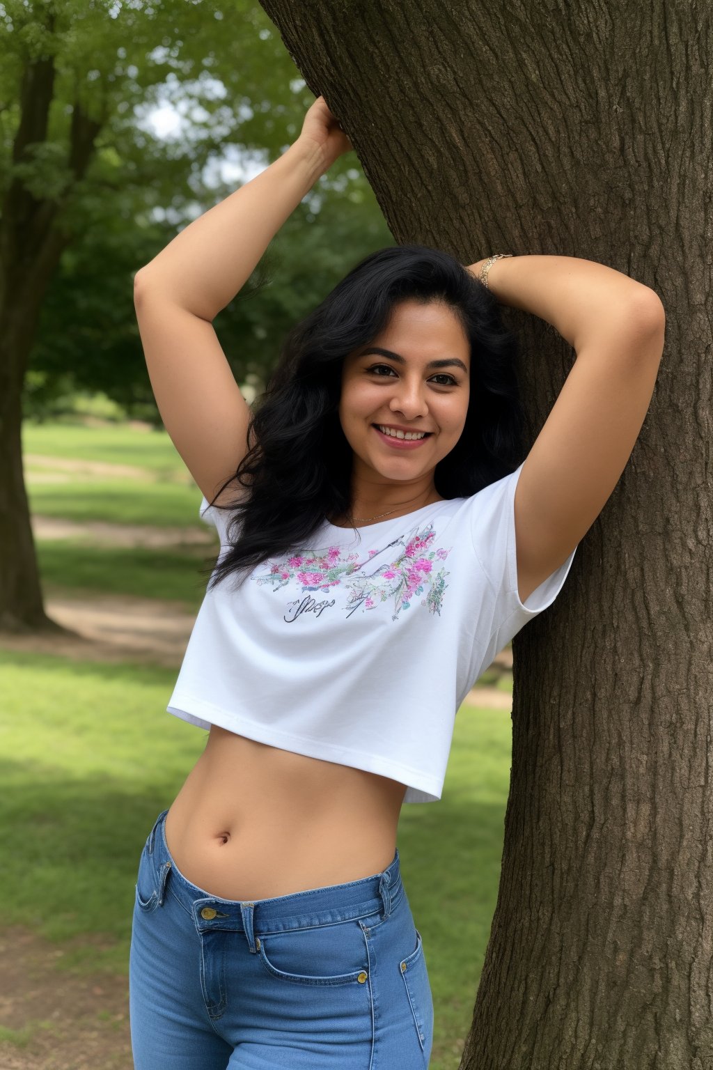 1girl, solo, long hair, looking at viewer, navel, midriff, smile, shirt, black hair, jewelry, standing, white shirt, outdoors, day, pants, blurry, tree, blurry background, feet out of frame, own hands together, denim, jeans, realistic, shoulder cutout, print shirt, photo background,photorealistic