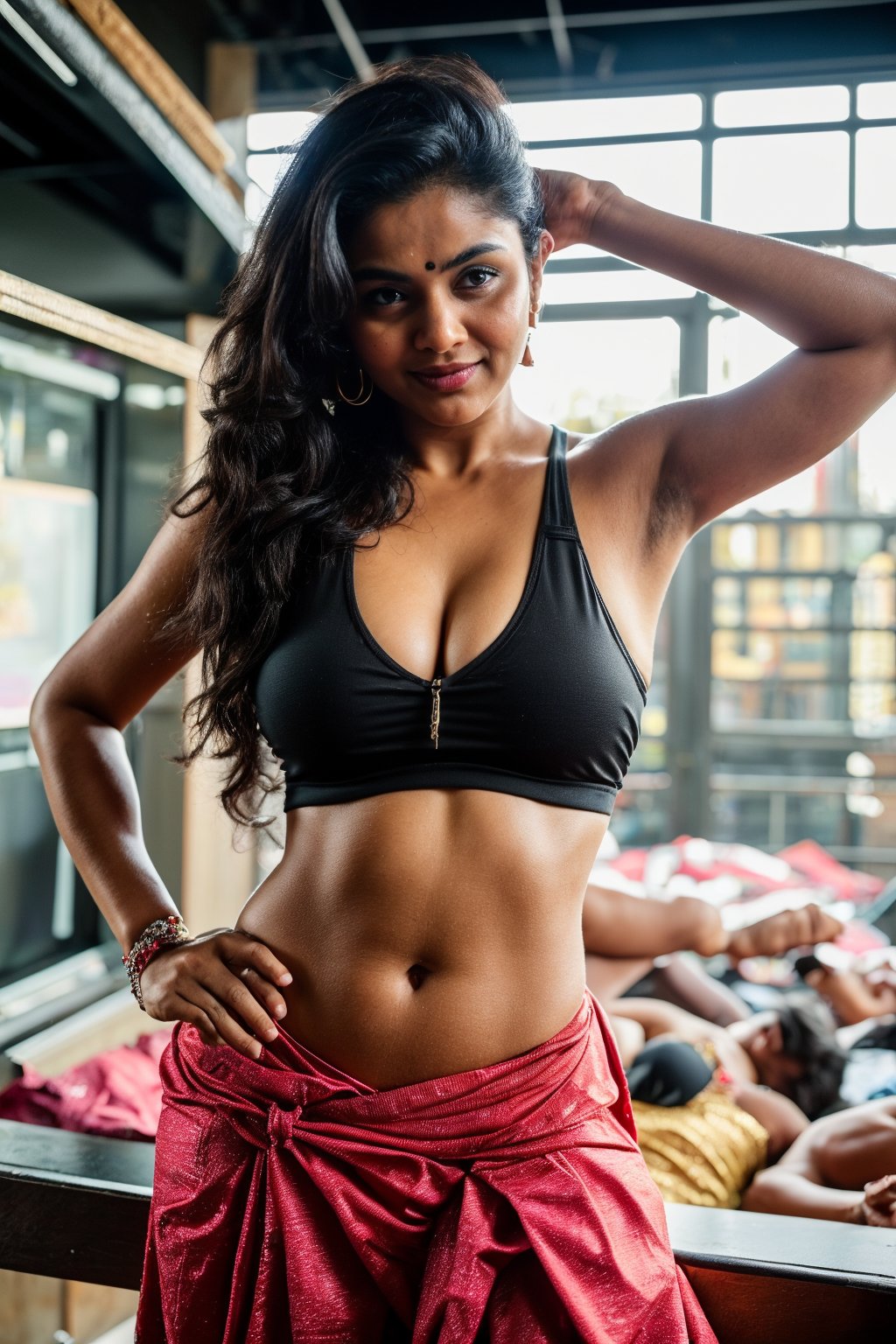 Cyberpunk style, Neon light, city background ,1girl, solo, long hair, 1girl, solo, navel, jewelery earrings, midriff, bracelet, realisticbreasts, looking at viewer, smile, large breasts, black hair, navel, cleavage, jewelry, earrings, shorts, midriff, indoors, bracelet, hand on hip, bed, tank top, realistic,80' Malayalam actress unni mary,photorealistic,80' girl,Mallu old actress,Malayalam movie actress unni mary:1.5,CyberpunkWorld