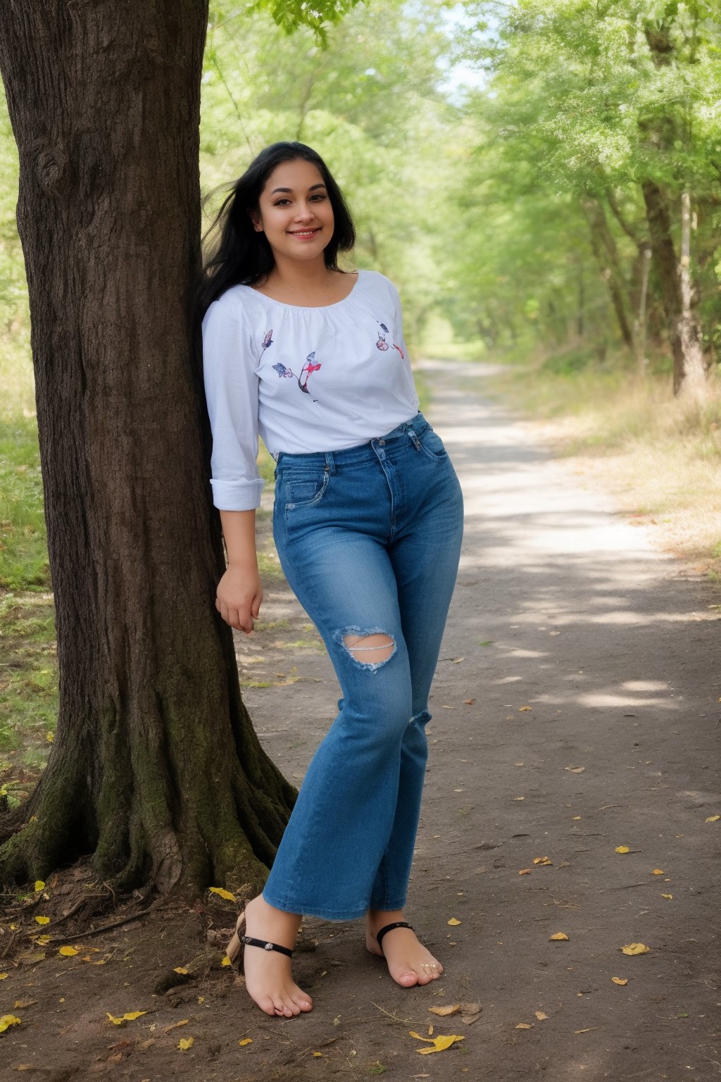 1girl, solo, long hair, looking at viewer, smile, shirt, black hair, jewelry, standing, white shirt, outdoors, day, pants, blurry, tree, blurry background, feet out of frame, own hands together, denim, jeans, realistic, shoulder cutout, print shirt, photo background