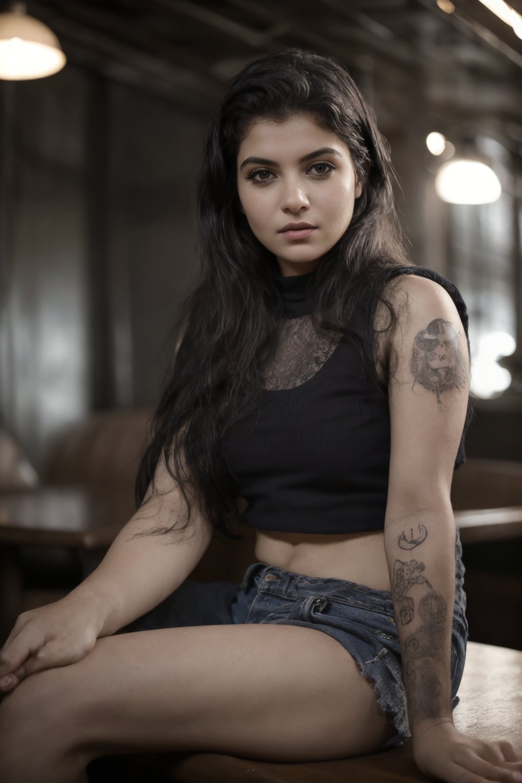 moody ethereal photography photo of a young angry (isidora_v2:0.95), croptop, textured skin, goosebumps, tattoos on her arms, sitting in a 50s diner, perfect eyes, (atmospheric lighting), bokeh, sharp focus on subject,kerala road,Plump