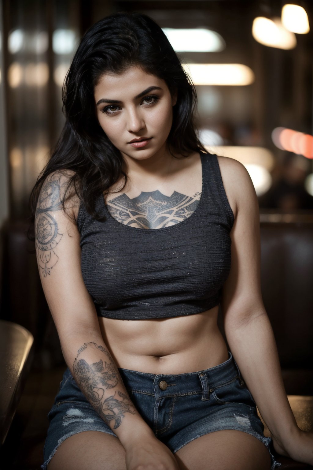 moody ethereal photography photo of a young angry (isidora_v2:0.95), croptop, textured skin, goosebumps, tattoos on her arms, sitting in a 50s diner, perfect eyes, (atmospheric lighting), bokeh, sharp focus on subject,kerala road,Plump