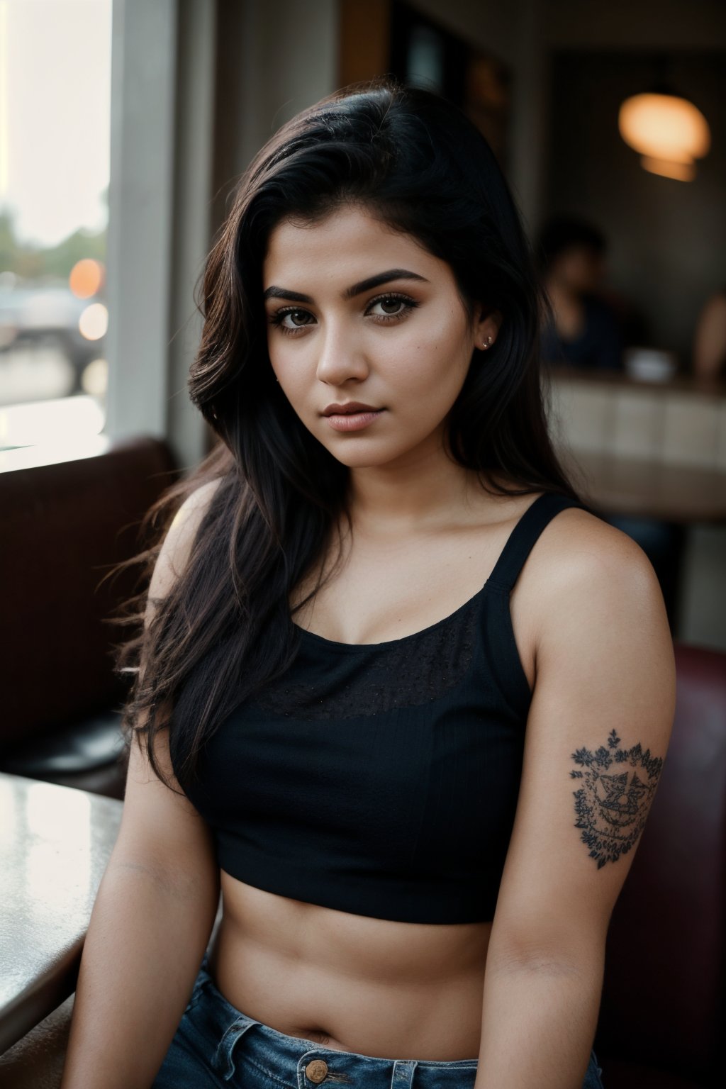 moody ethereal photography photo of a young angry (isidora_v2:0.95), croptop, textured skin, goosebumps, tattoos on her arms, sitting in a 50s diner, perfect eyes, (atmospheric lighting), bokeh, sharp focus on subject,kerala road,Plump