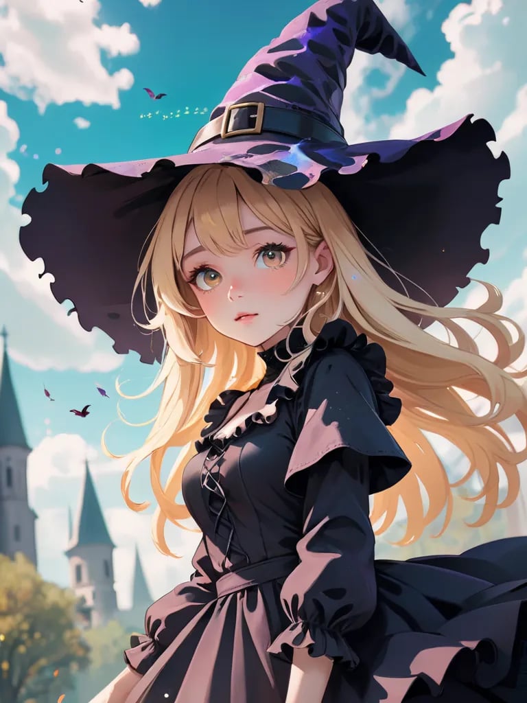 highres,best quality,natural, A psychedelic world spreads out below, Witch kawaii girl floating in the sky Wearing a witch hat Frilled fantasy costume Blonde straight hair,cinematic photo official art, 8k wallpaper,ultra detailed, aesthetic quality,photorealistic,entangle,dynamic angle,the most beautiful form of chaos,elegant,a brutalist designed,vivid colours,romanticism,atmospheric . 35mm photograph, film, bokeh, professional, 4k, highly detailed, skin detail realistic, ultra realistic,Perspective