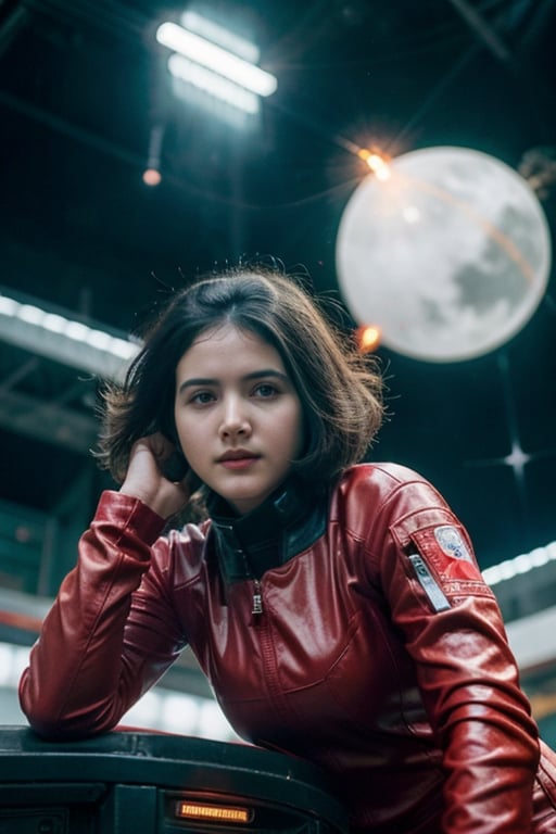 1 girl, fiery red jacket, tight suit,Space helm of the 1960s,and the anime series G Force of the 1980s,Ghost In The Shell style, Darf Punk wlop glossy skin, ultrarealistic sweet girl, space helm 60s, holographic, holographic texture, the style of wlop, space, stands on a pedestal,( with spaceships in the background)