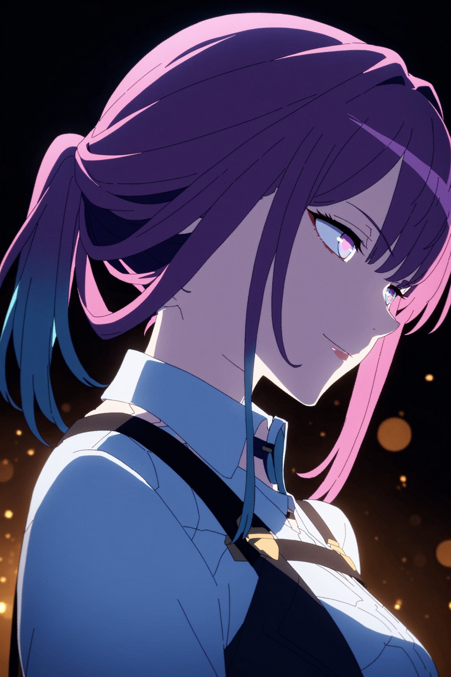 masterpiece, best quality,  1girl, kafka, honkai: star rail, purple hair, solo,  purple eyes, ponytail, mid ponytail, flying hair, half closed eyes,  symbol-shaped pupils, tricky, bangs, sunglasses, glowing eyes, sharp, wallpaper, 4k, head tilted down, clear,  purple butterflies, thread, from side, portrait, shine, granular, depth of field,  8k, higher contrast,  scenery, gradient background, gradient hair, from purple to red, saturated, warm colors, light smile,  spider web print, jacket,  shiny, glare, glitter, bokeh, dark background, blurry,1girl,cyberpunk edgerunners style