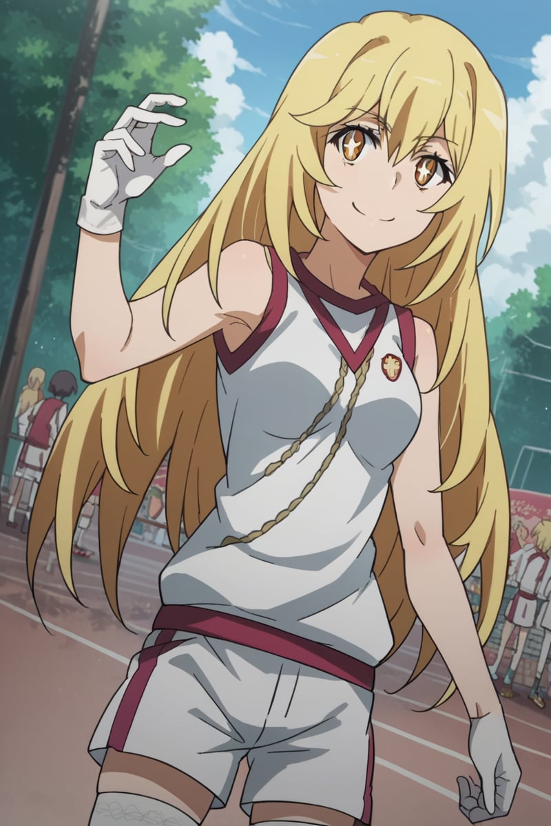 score_9, score_8_up, score_7_up, source_anime,misakishokuhou, <lora:misaki-shokuhou-s3-ponyxl-lora-nochekaiser:1>,misaki shokuhou, blonde hair, hair between eyes, long hair, symbol-shaped pupils, yellow eyes, smile,bare shoulders, gloves, gym shirt, gym shorts, gym uniform, shirt, short shorts, shorts, sleeveless, sleeveless shirt, thighhighs, tokiwadai school gym uniform, white gloves, white shirt, white shorts, white thighhighs,outdoors, sports festival,looking at viewer, cowboy shot, dutch angle, dynamic pose,