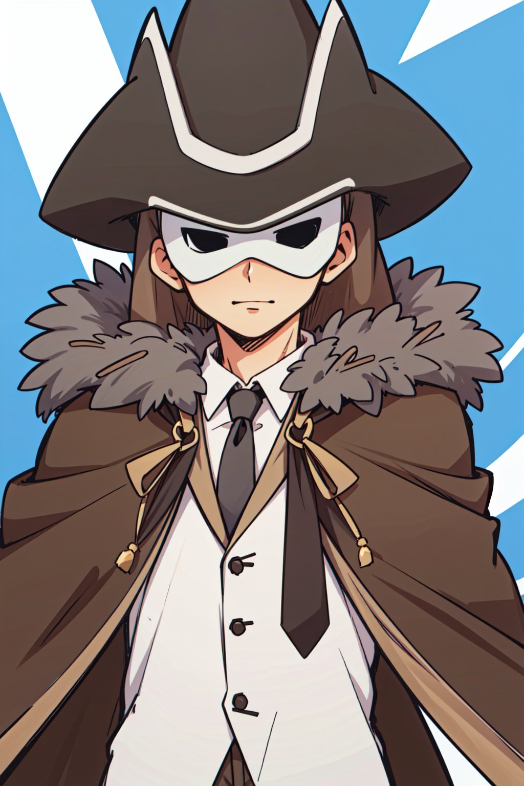 (1boy, male focus, solo, (Jean_descole), hat, black hair, collared shirt, white shirt, long sleeves, brown coat, brown pants, formal, suit , necktie, fur_trim, (mask, black eyes, cloak, brown cape), bangs)