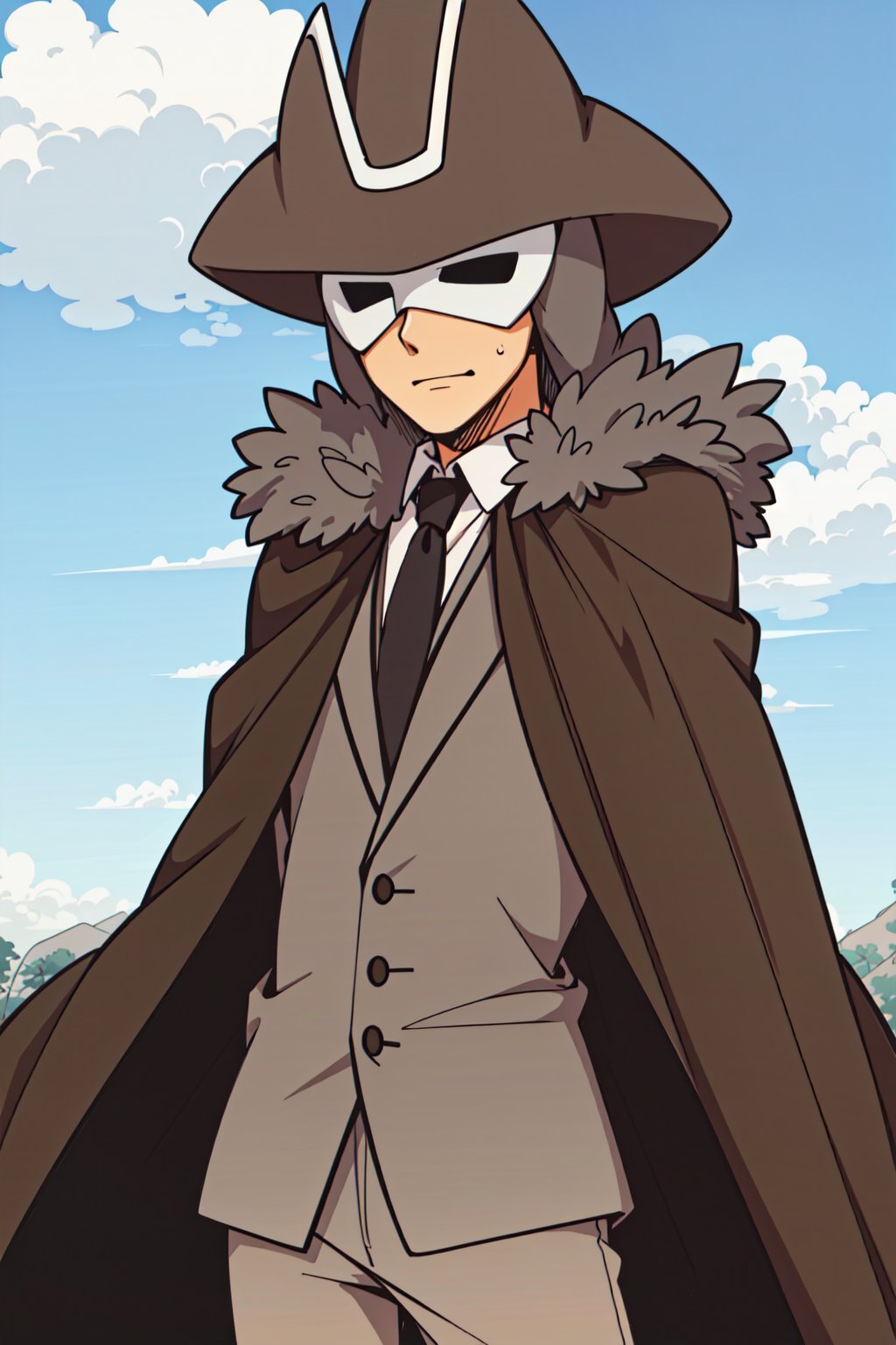 (1boy, male focus, solo, (Jean_descole), hat, black hair, collared shirt, white shirt, long sleeves, (brown coat, brown pants, formal, suit ), necktie, fur_trim, (mask, black eyes, cloak, brown cape), bangs)