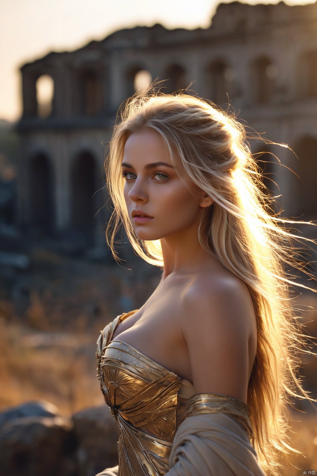  masterpiece,illustration,best quality,extremely detailed CG unity 8k wallpaper,original,high resolution,oversized documents,portrait,extremely delicate and beautiful girl,1girl,solo,messy hair,hair flowing in the wind,blonde hair,very long hair,beautiful detail eyes,jewel eyes,glowing circle pupils,golden eyes,good lighting,ray tracing,sparkling,abandoned building,on ruins,staring at sunset at dusk,depth of field,profile,full body,large breasts,