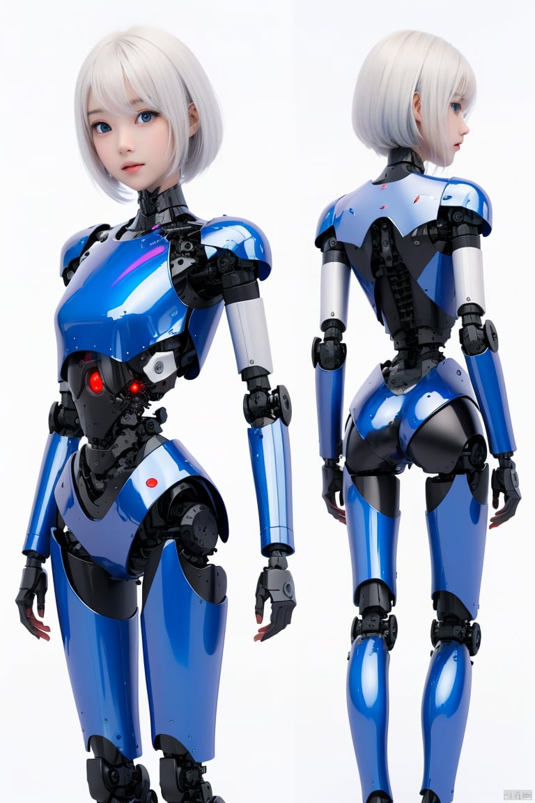  1girl, solo, looking at viewer, short hair, bangs, blue eyes, closed mouth, white hair, glowing, expressionless, robot, science fiction, android, mecha musume, joints, straight-on, robot joints, mechanical parts, spine, hologram, 3D, three views,moyou, 3d, Kehuan,rotbot