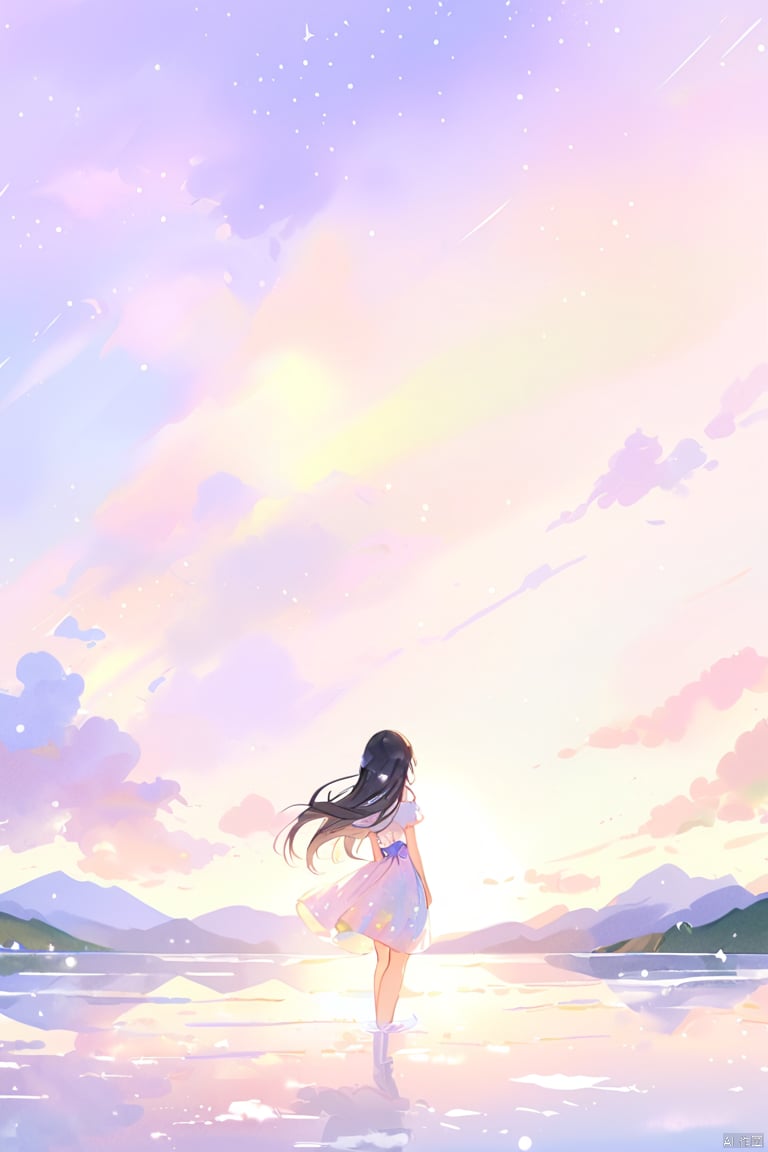  1 girl, watercolor, cloud, solo, long hair, sky, scenery, star \(sky\), standing, cloudy sky, starry sky, dress, from behind, black hair, sparkle,