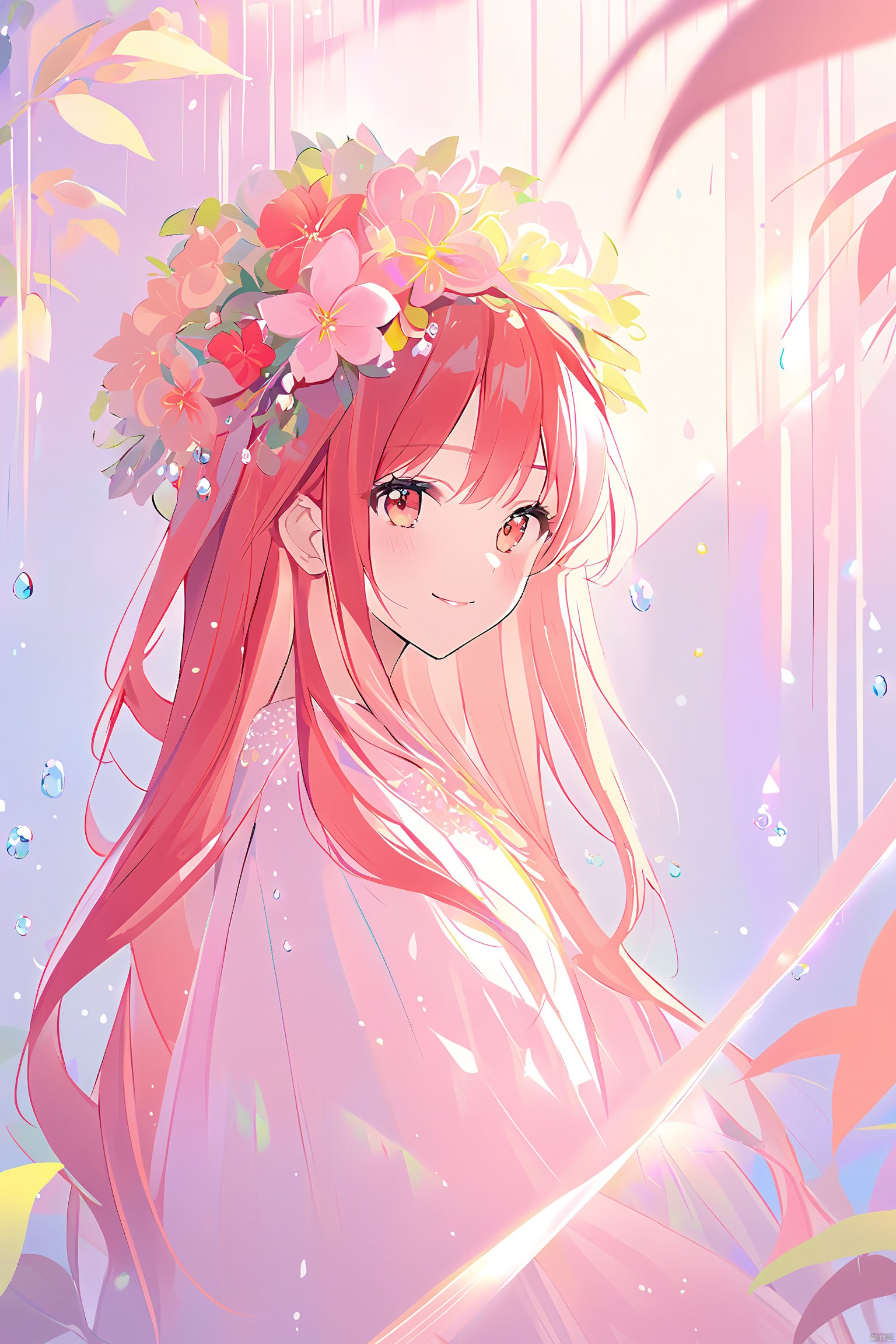  1 girl, detailed, color tone, detailed, dreamy, soft, with intertwined light and shadow between leaves, dewdrops flickering, slender figure, exquisite face, red long hair, floral headwear, leaf skirts, floral decorations, mysterious smile, fresh air, central composition, elegant style,