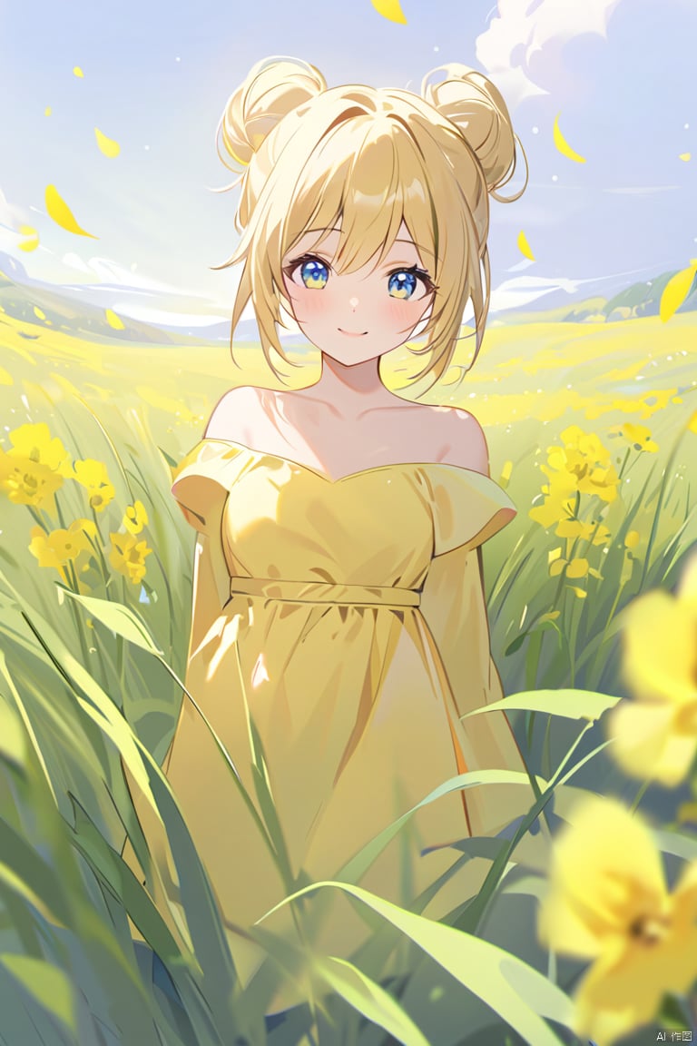 (grass:1.5),A sexy beauty with a bun, half-body portrait, standing in a sea of rapeseed flowers, charming eyes, sweet smile, surrounded by blooming yellow rapeseed flowers,  high quality picture, full HD picture, 