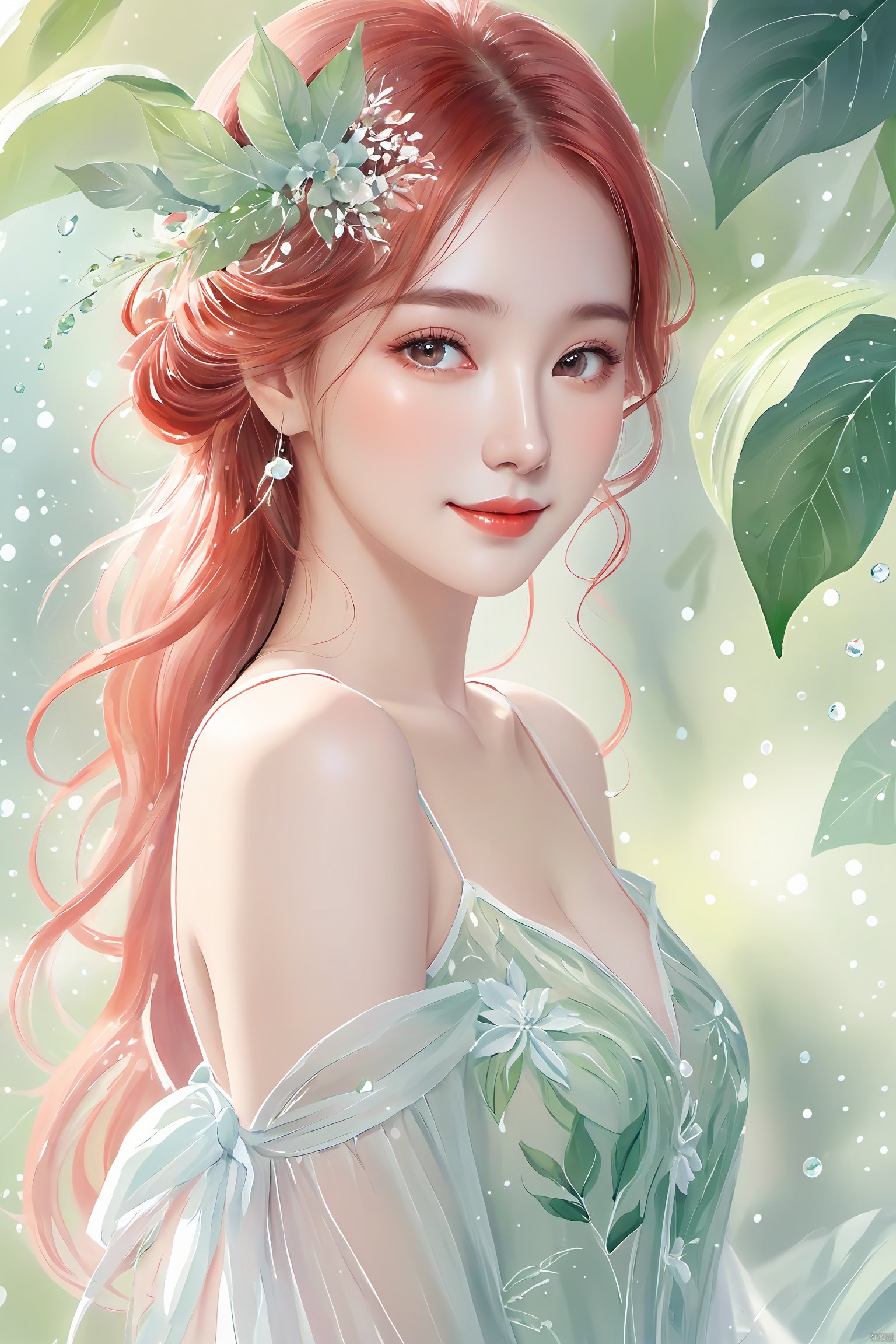  watercolor, 1 girl, detailed, color tone, detailed, dreamy, soft, with intertwined light and shadow between leaves, dewdrops flickering, slender figure, exquisite face, red long hair, floral headwear, leaf skirts, floral decorations, mysterious smile, fresh air, central composition, elegant style, 1girl