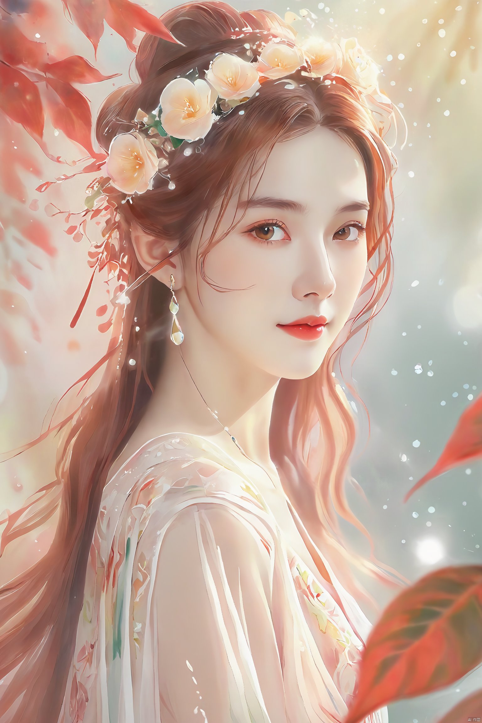  watercolor, 1 girl, detailed, color tone, detailed, dreamy, soft, with intertwined light and shadow between leaves, dewdrops flickering, slender figure, exquisite face, red long hair, floral headwear, leaf skirts, floral decorations, mysterious smile, fresh air, central composition, elegant style, 1girl