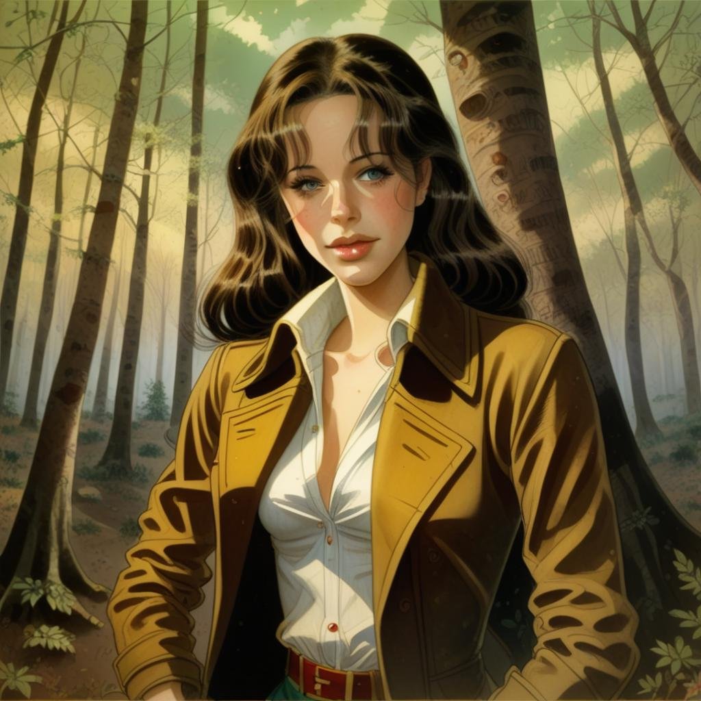 A woman, forest, jacket, by Jean-Pierre Gibrat <lora:Gibrat_style_for_Pony.12:1>