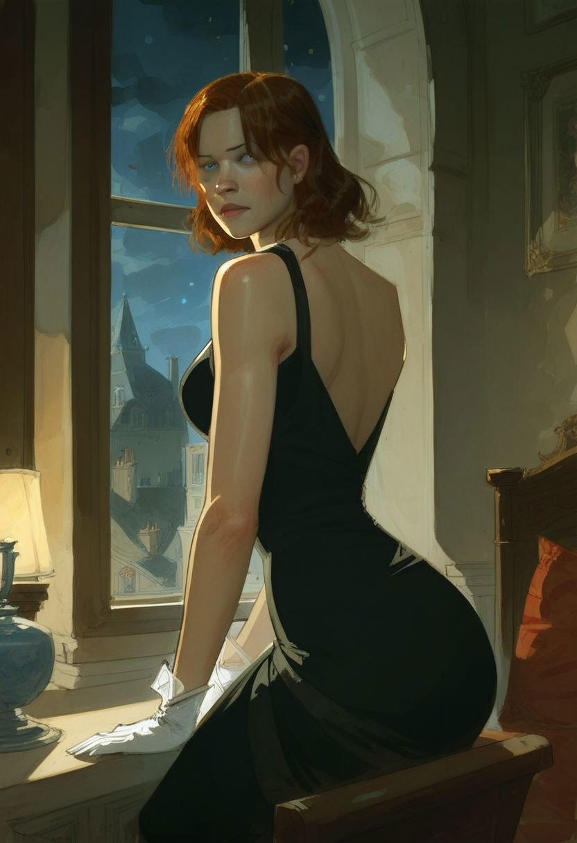 score_9, score_8_up, score_7_up, a woman, Auburn hair, brown hair, blue eyes, black dress, indoors, seated, white gloves, window, night, by Jean-Pierre Gibrat